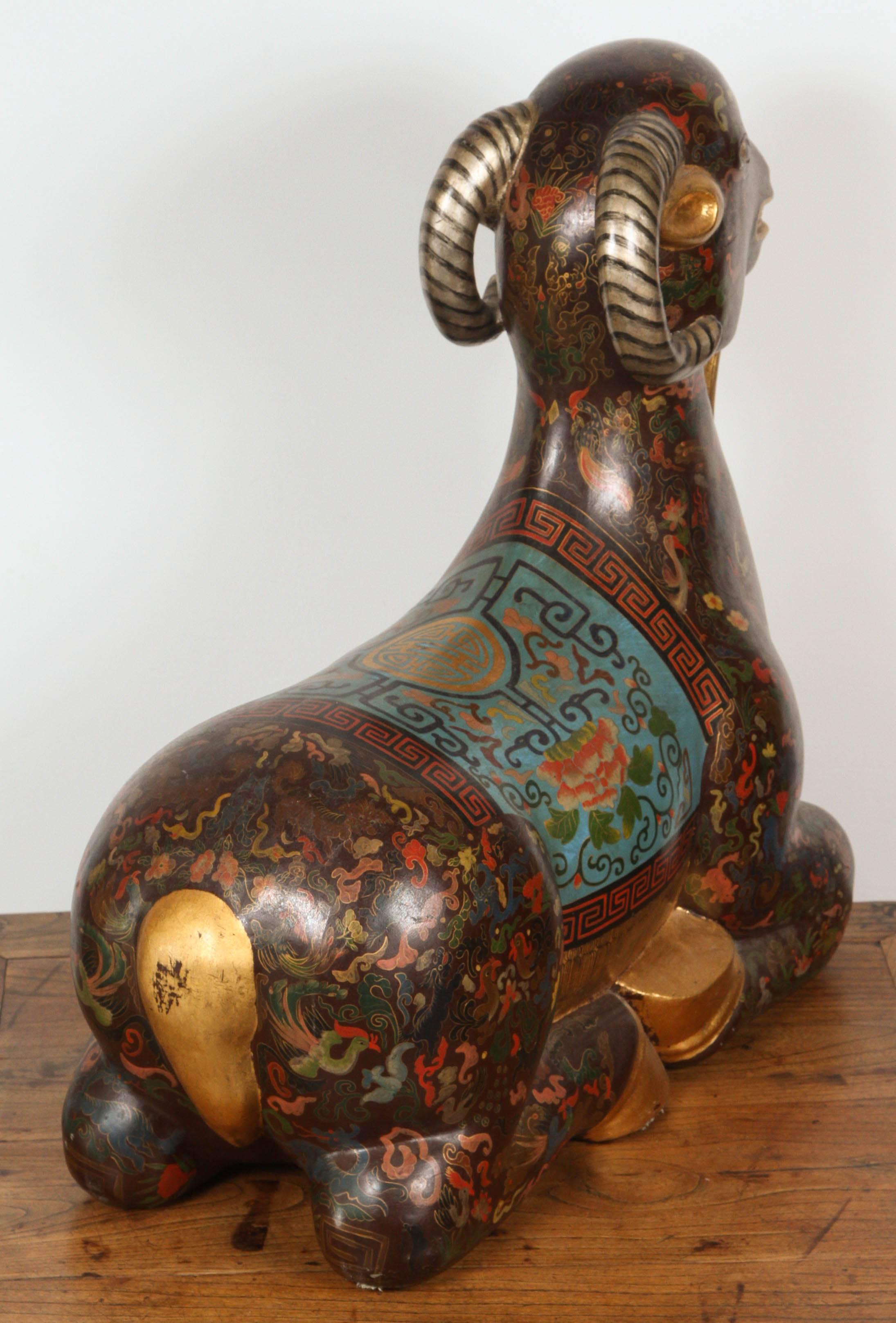20th Century Asian Wood Hand-Painted Figure of a Recumbent Ram For Sale
