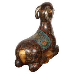 Large Chinese Hand-Painted Wood Ram Sculpture with Zodiac Motifs