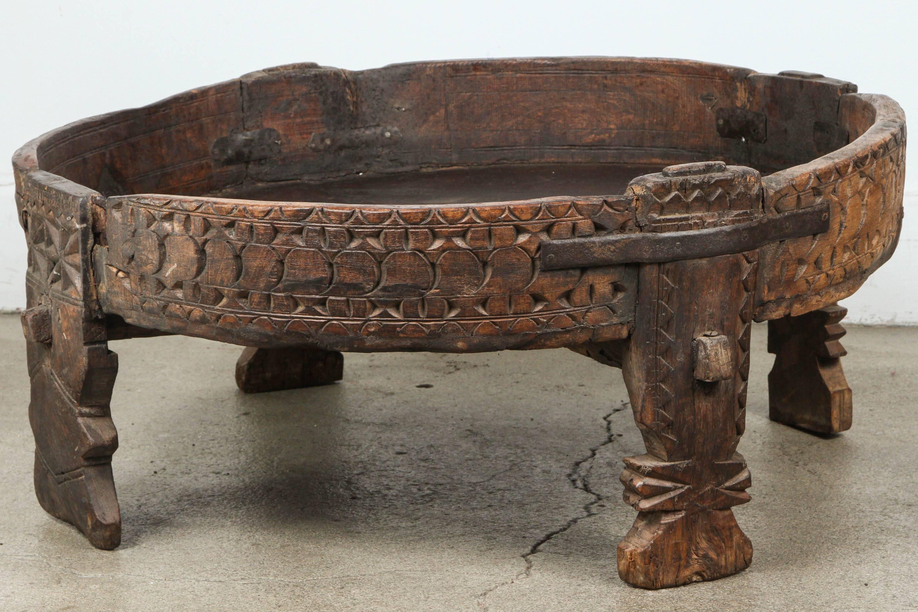 Carved Moroccan Round Wooden Tribal Table
