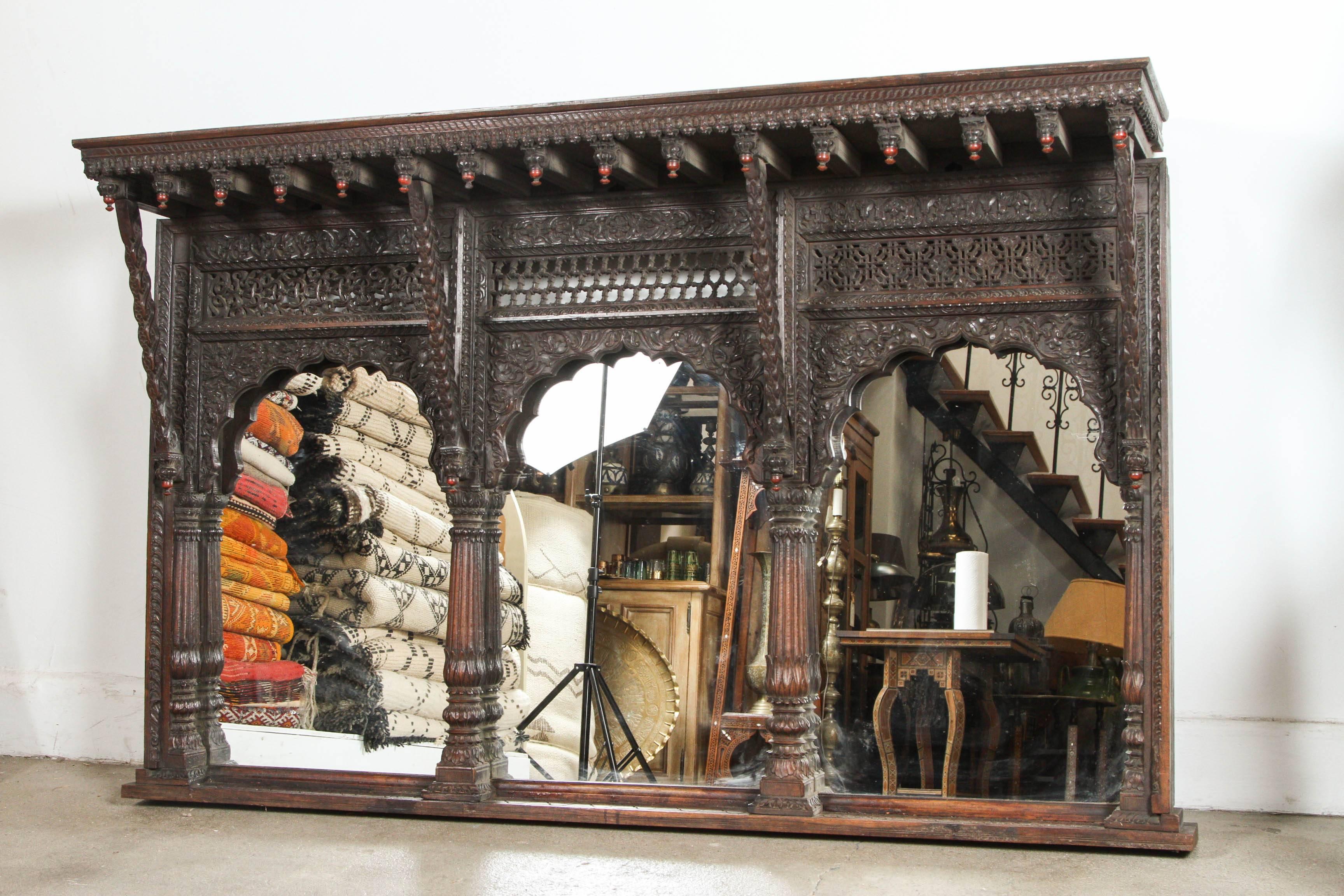 19th Century Carved Rosewood Anglo-Indian Temple Mirror In Good Condition In North Hollywood, CA