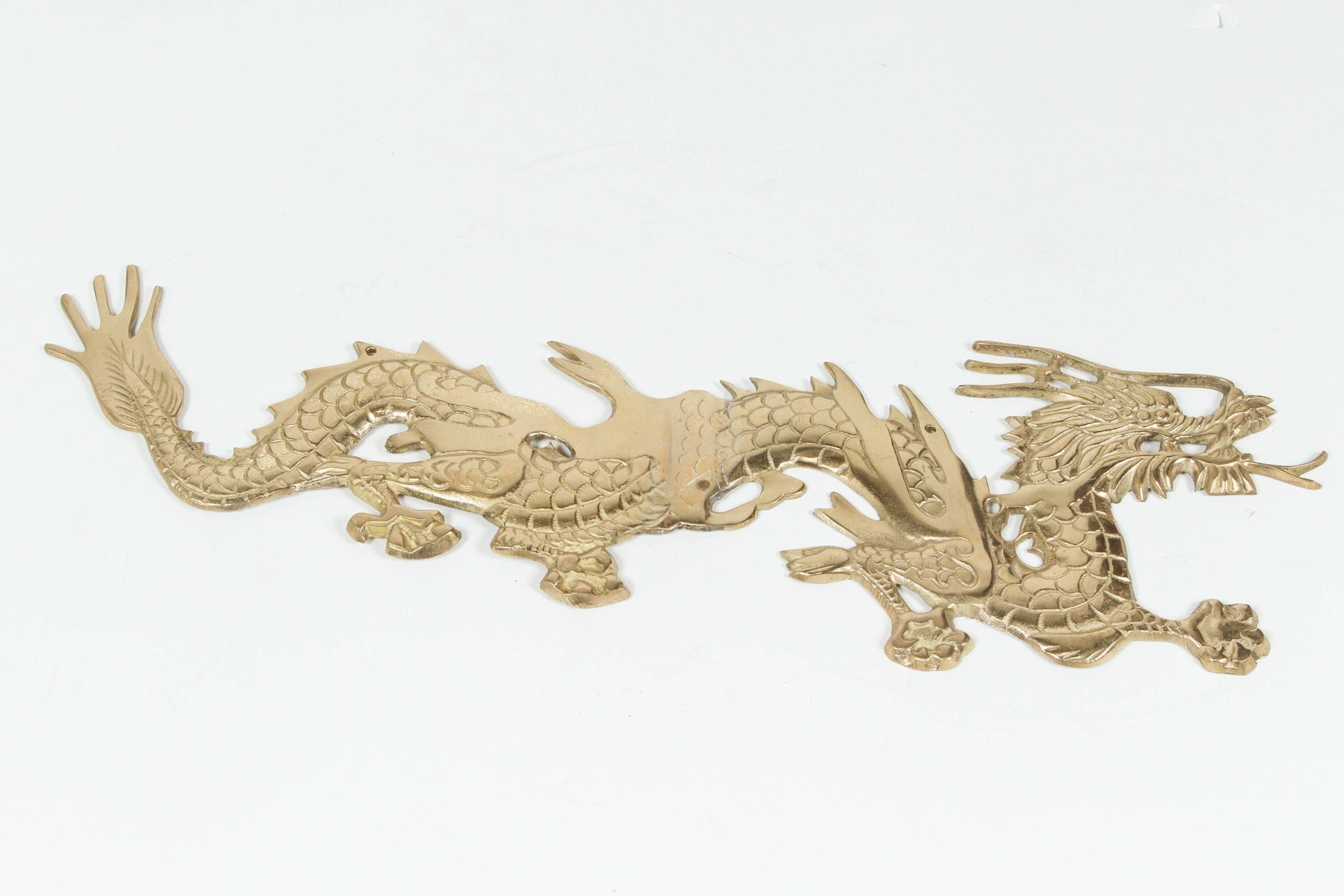 Chinoiserie Pair of Asian Brass Dragons Chasing a Ball Wall Mount