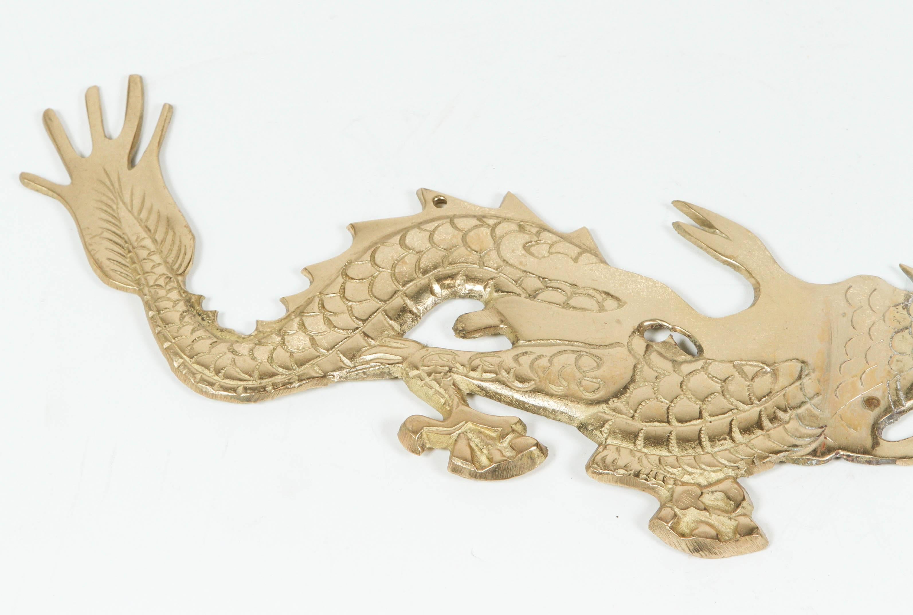 Hand-Carved Pair of Asian Brass Dragons Chasing a Ball Wall Mount