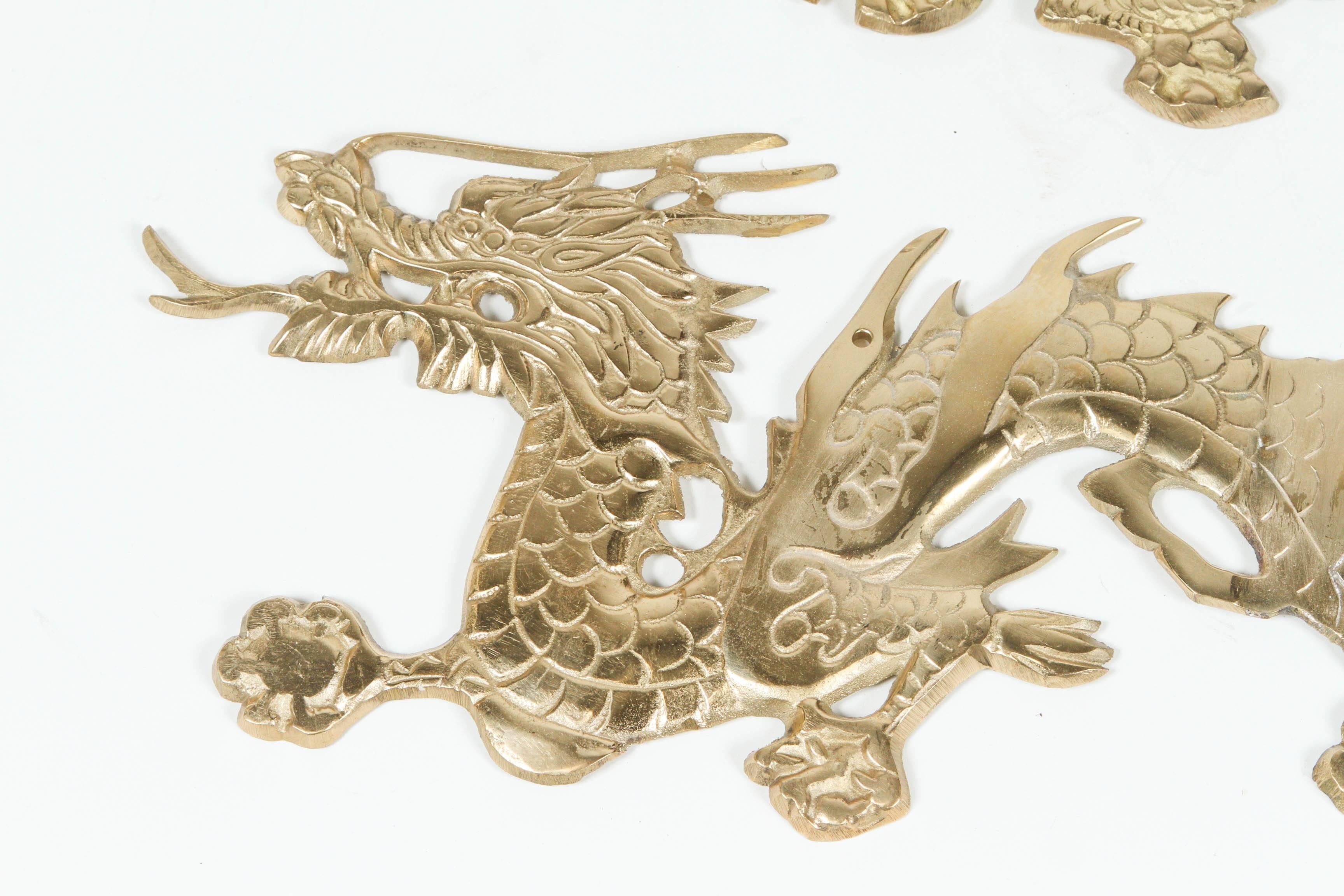 Pair of Asian Brass Dragons Chasing a Ball Wall Mount In Good Condition In North Hollywood, CA