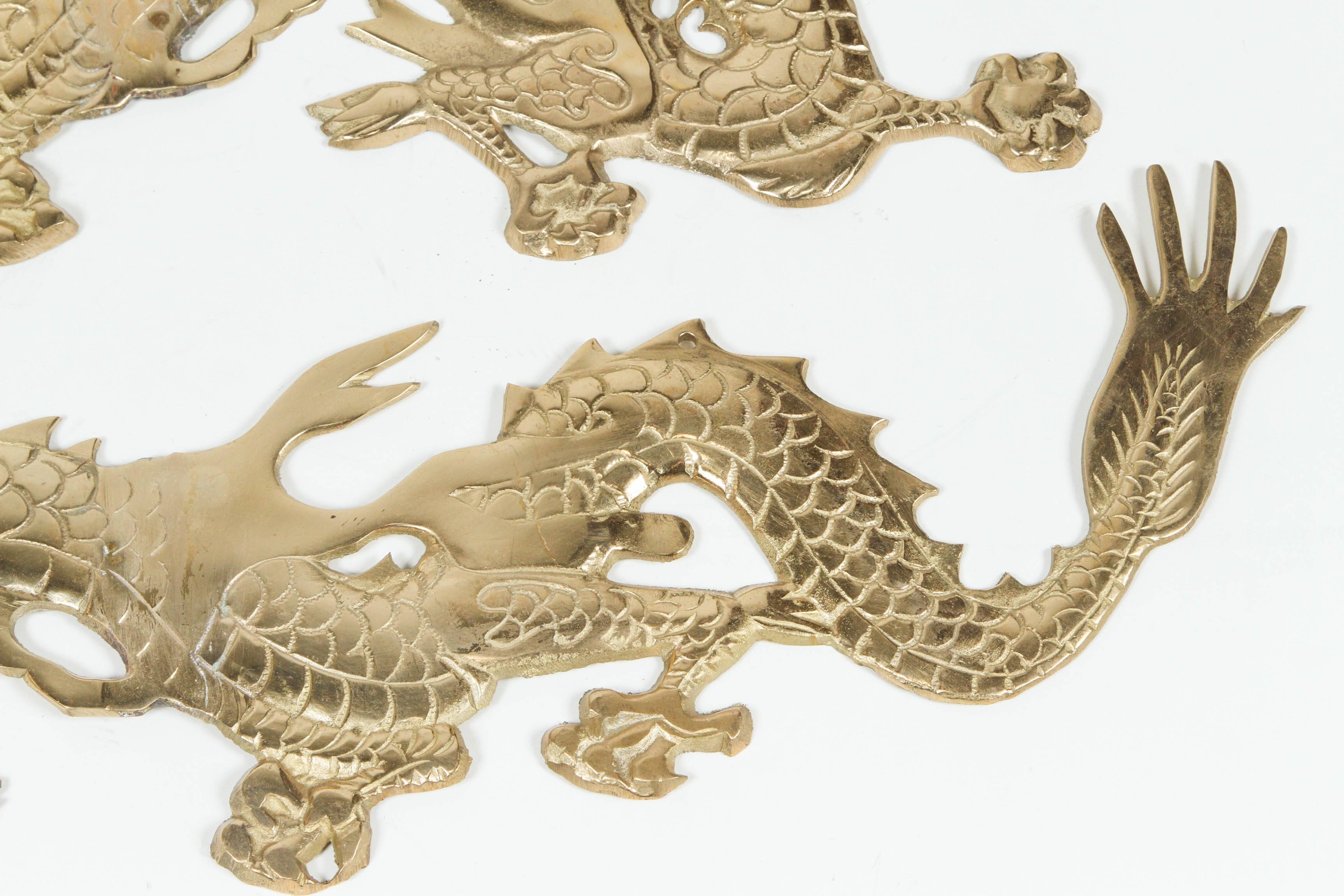 Pair of Asian Brass Dragons Chasing a Ball Wall Mount 2