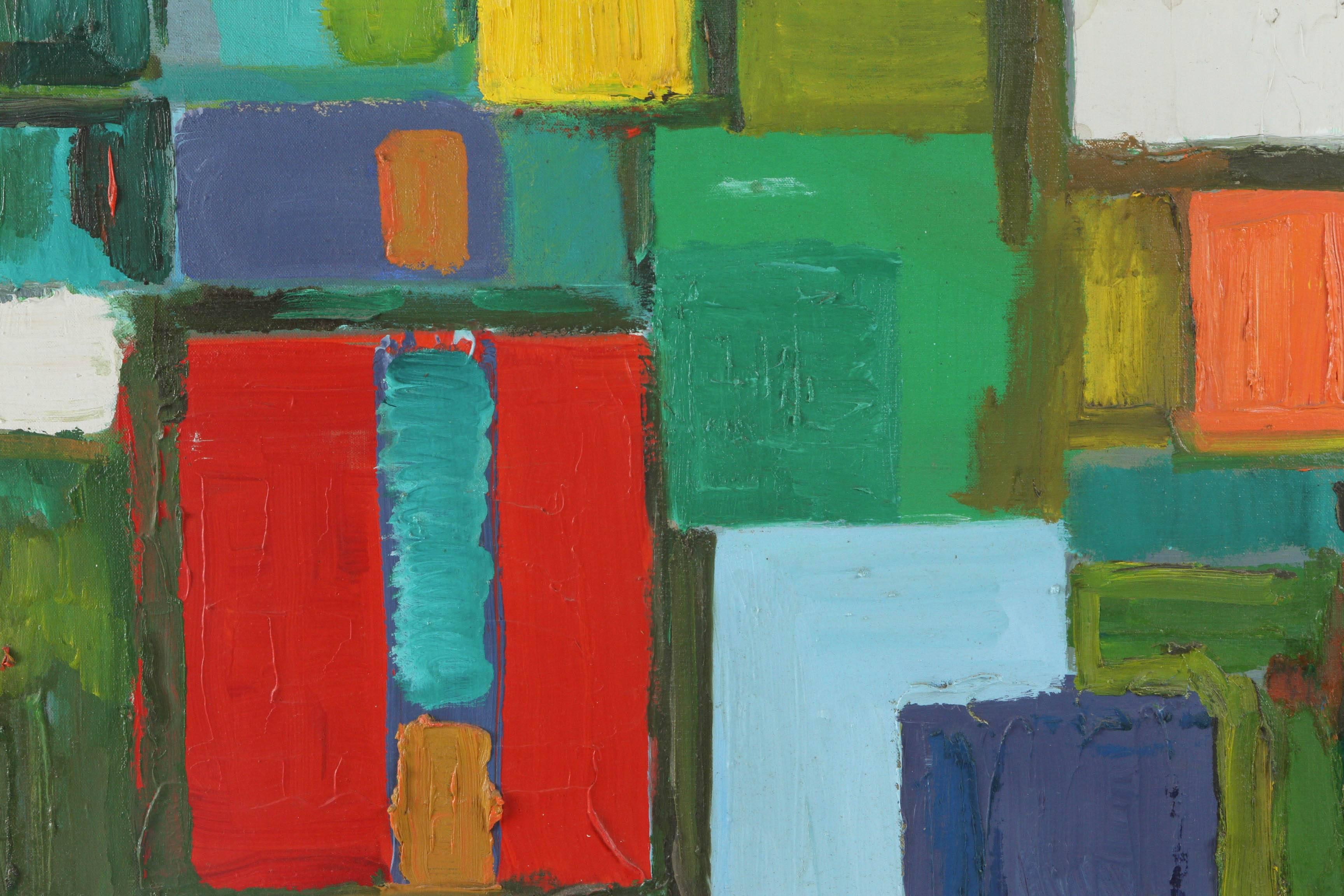 Black framed rectangular green, red and yellow geometric abstract painting.