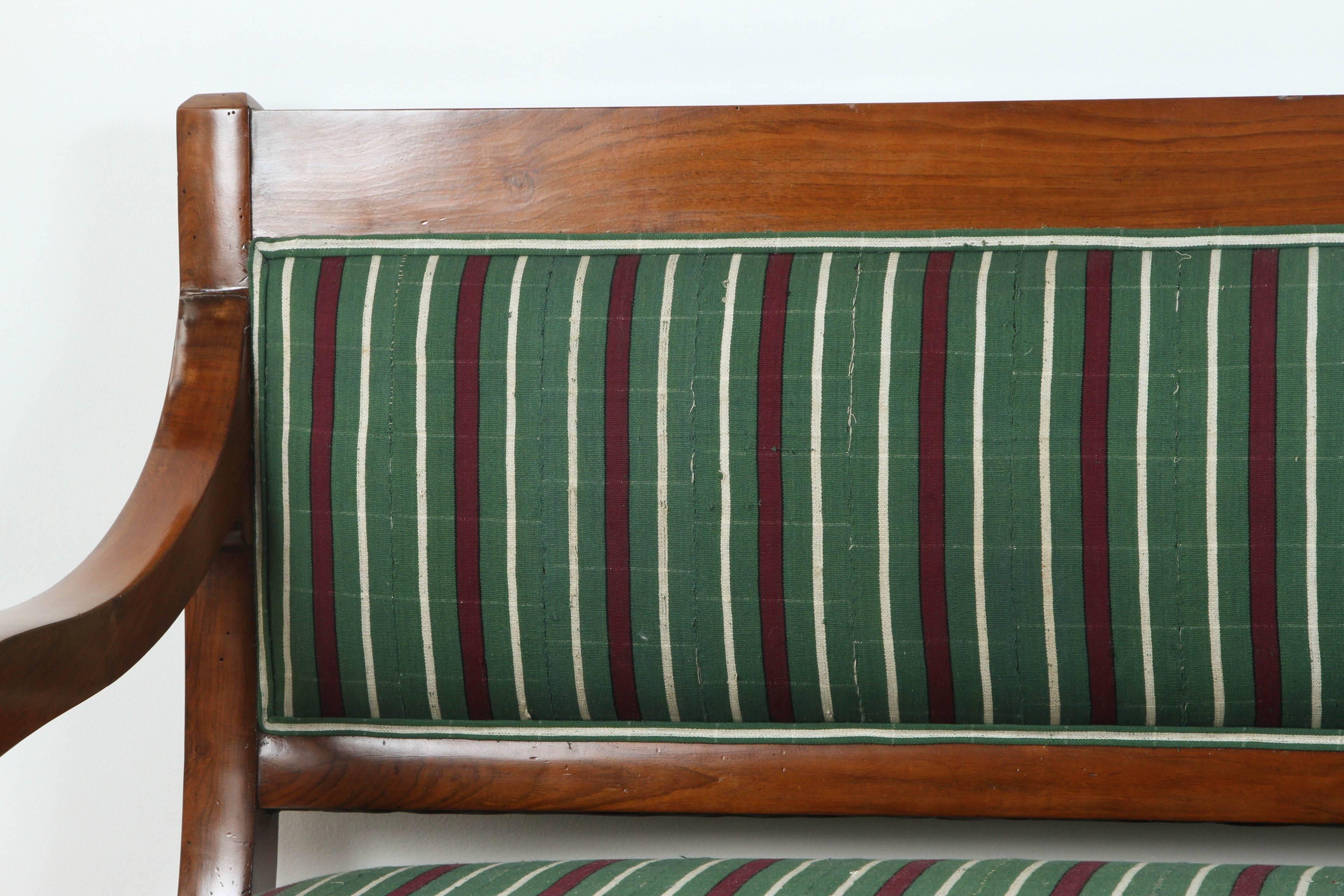 Italian Wood Bench Upholstered in Striped African Fabric In Excellent Condition In Los Angeles, CA