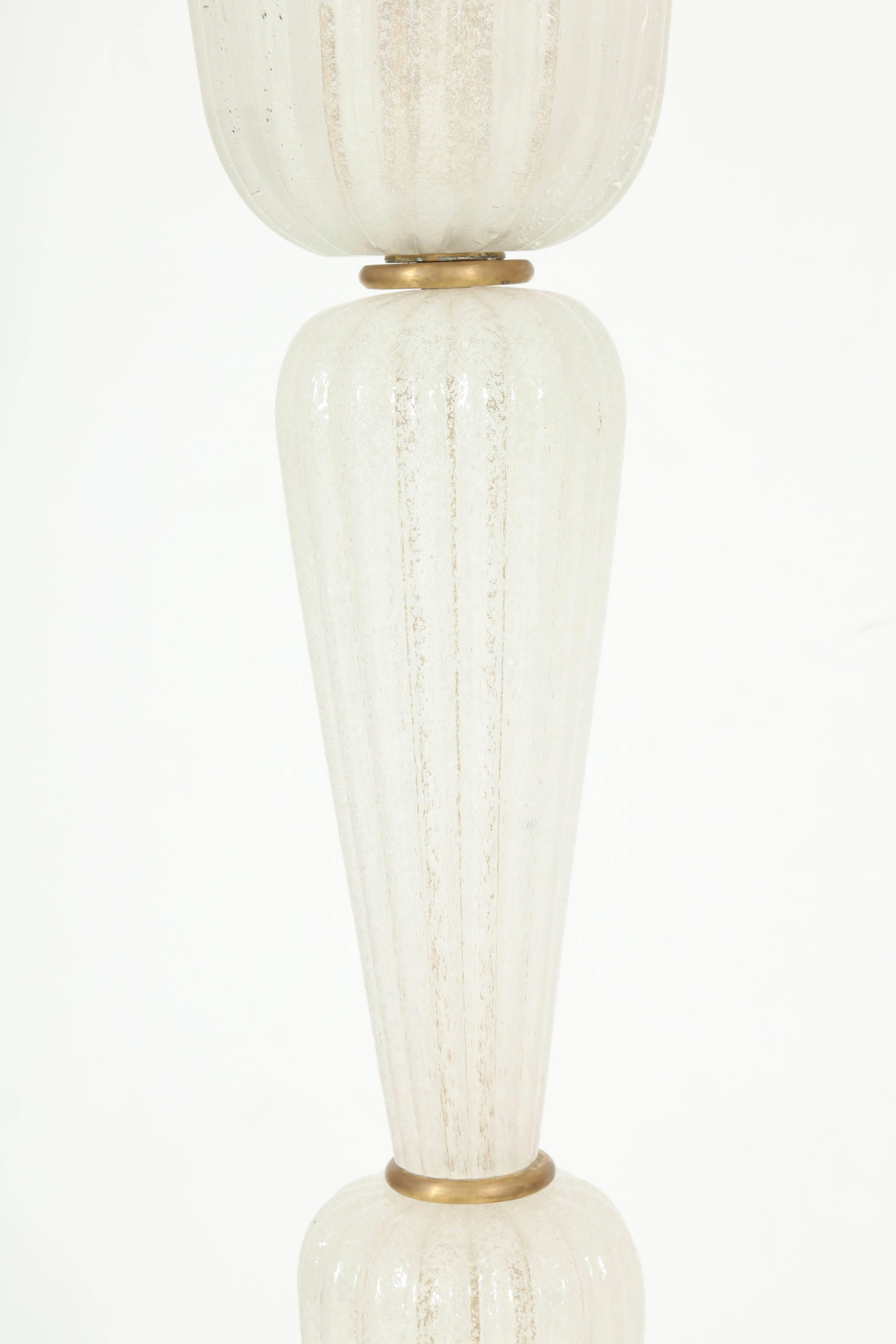 Mid-Century Modern White Pulegoso Murano Glass and Brass Floor Lamp