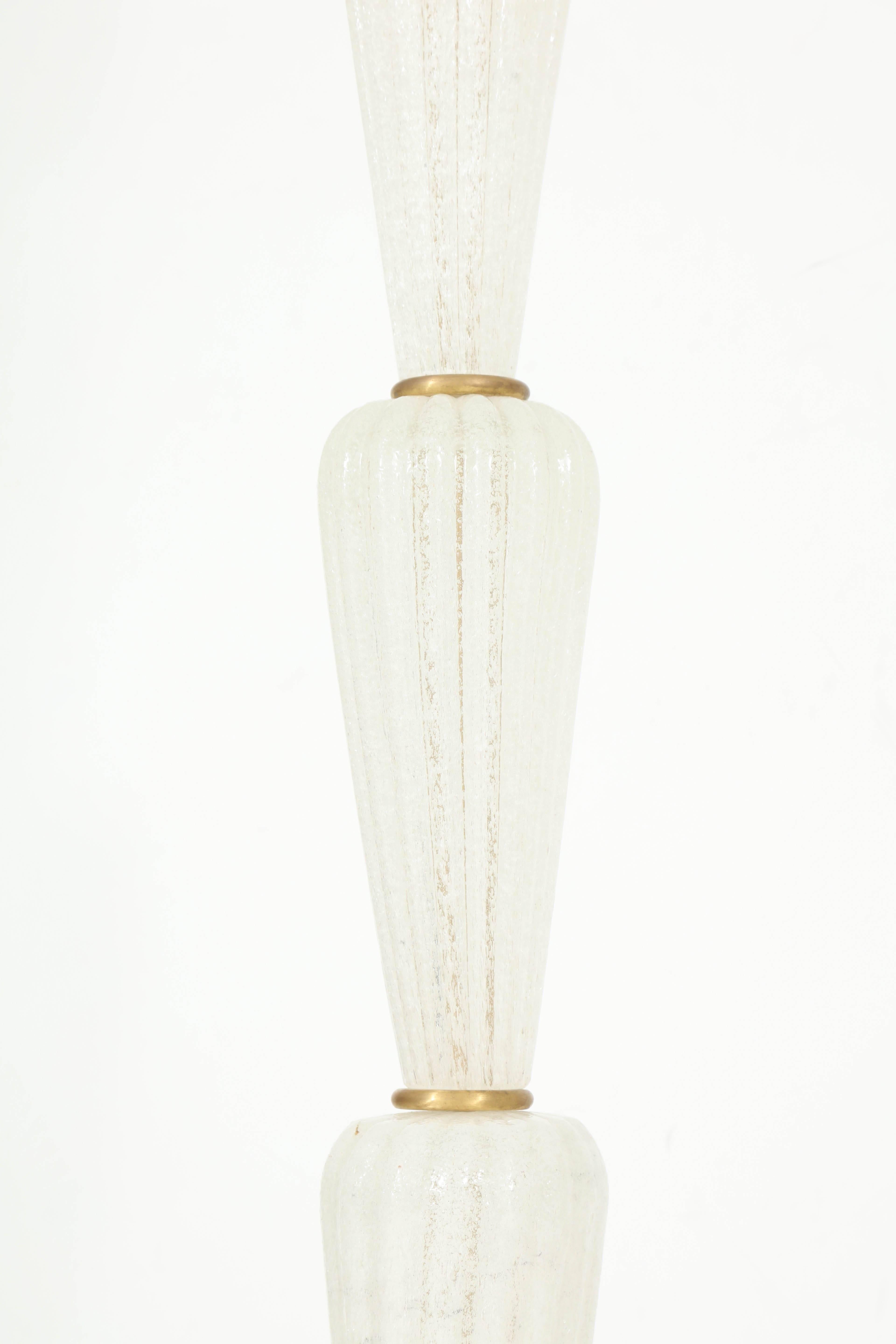 Italian White Pulegoso Murano Glass and Brass Floor Lamp