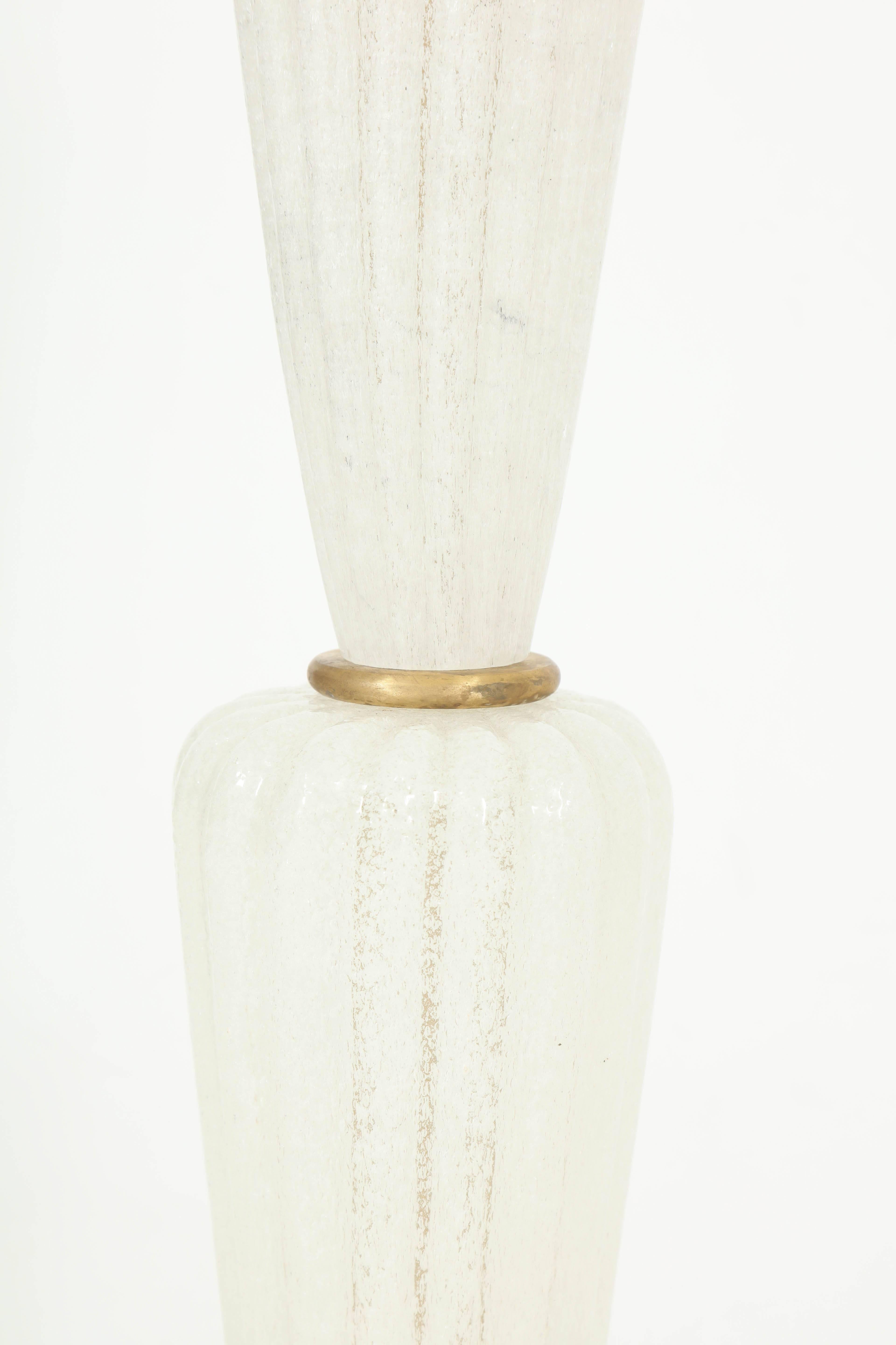 20th Century White Pulegoso Murano Glass and Brass Floor Lamp