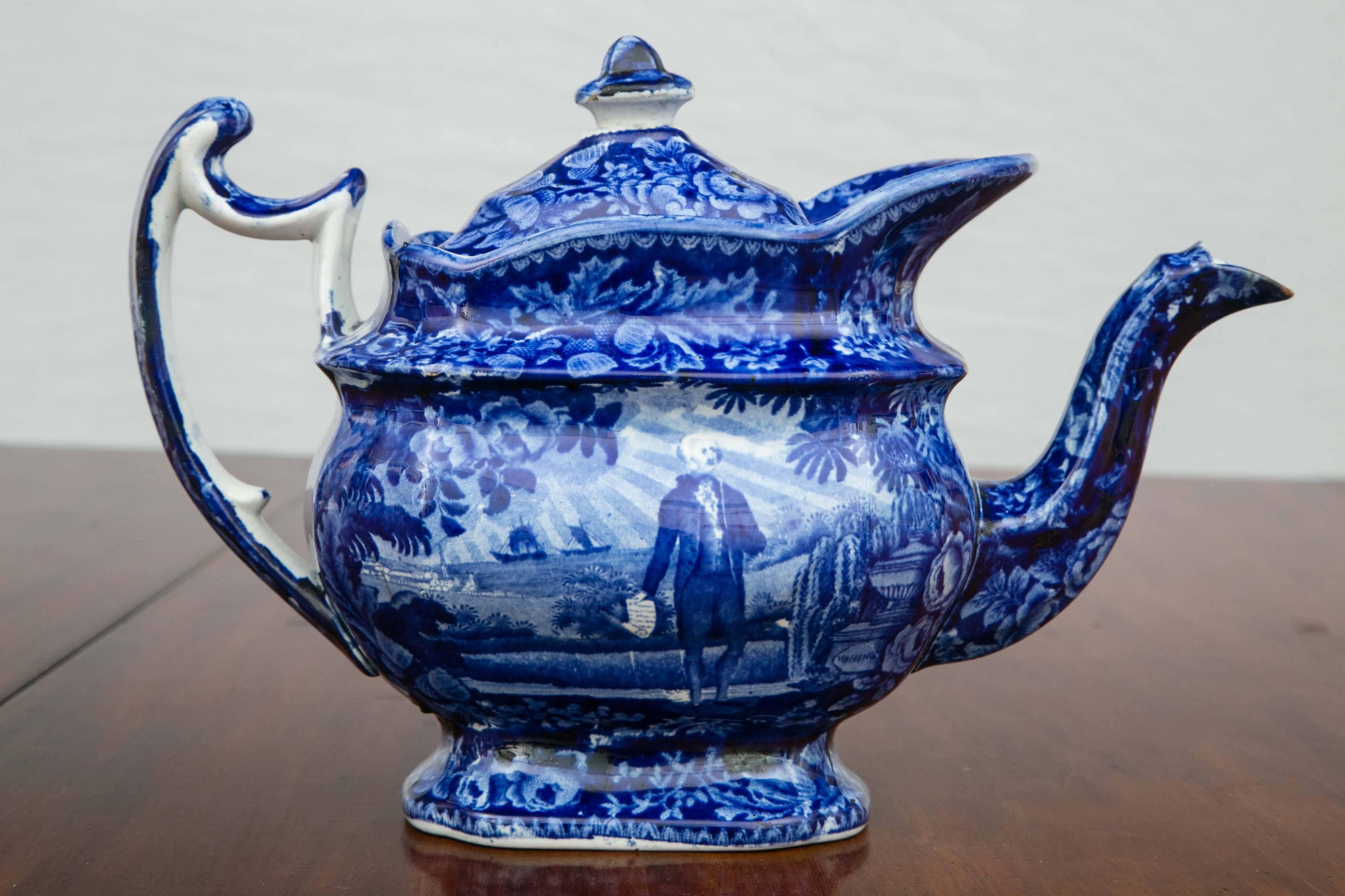 Porcelain Washington Standing at His Tomb, Staffordshire Teapot and Cover, 19th Century For Sale