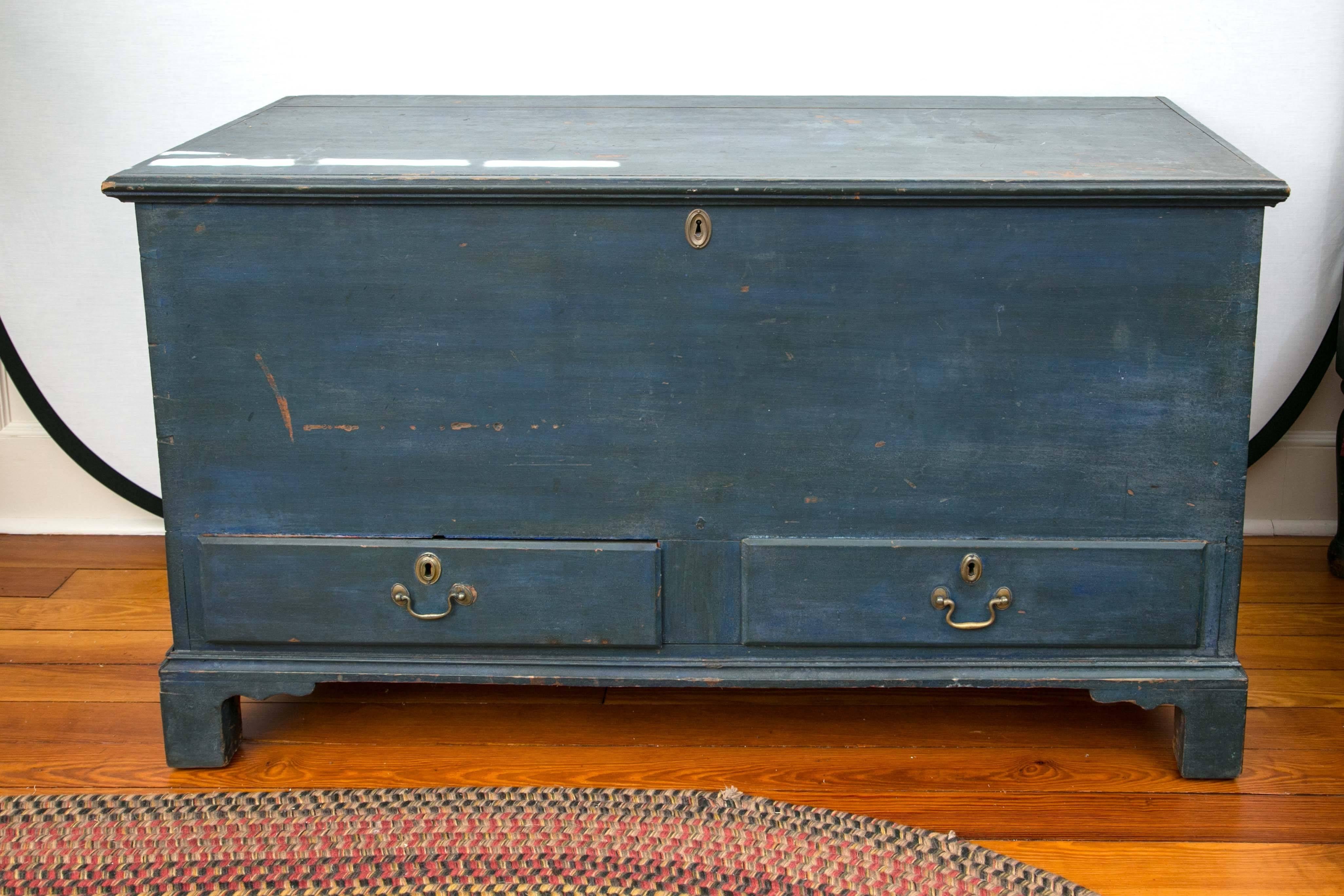 American 18th Century Blue Painted Chippendale Blanket Chest