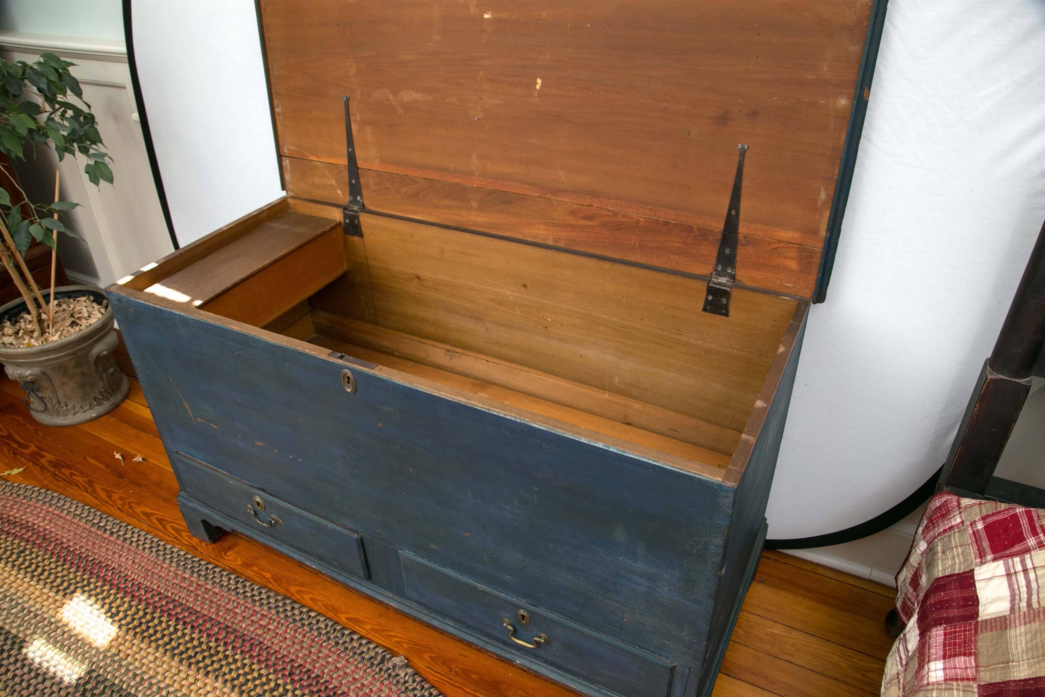 Pine 18th Century Blue Painted Chippendale Blanket Chest