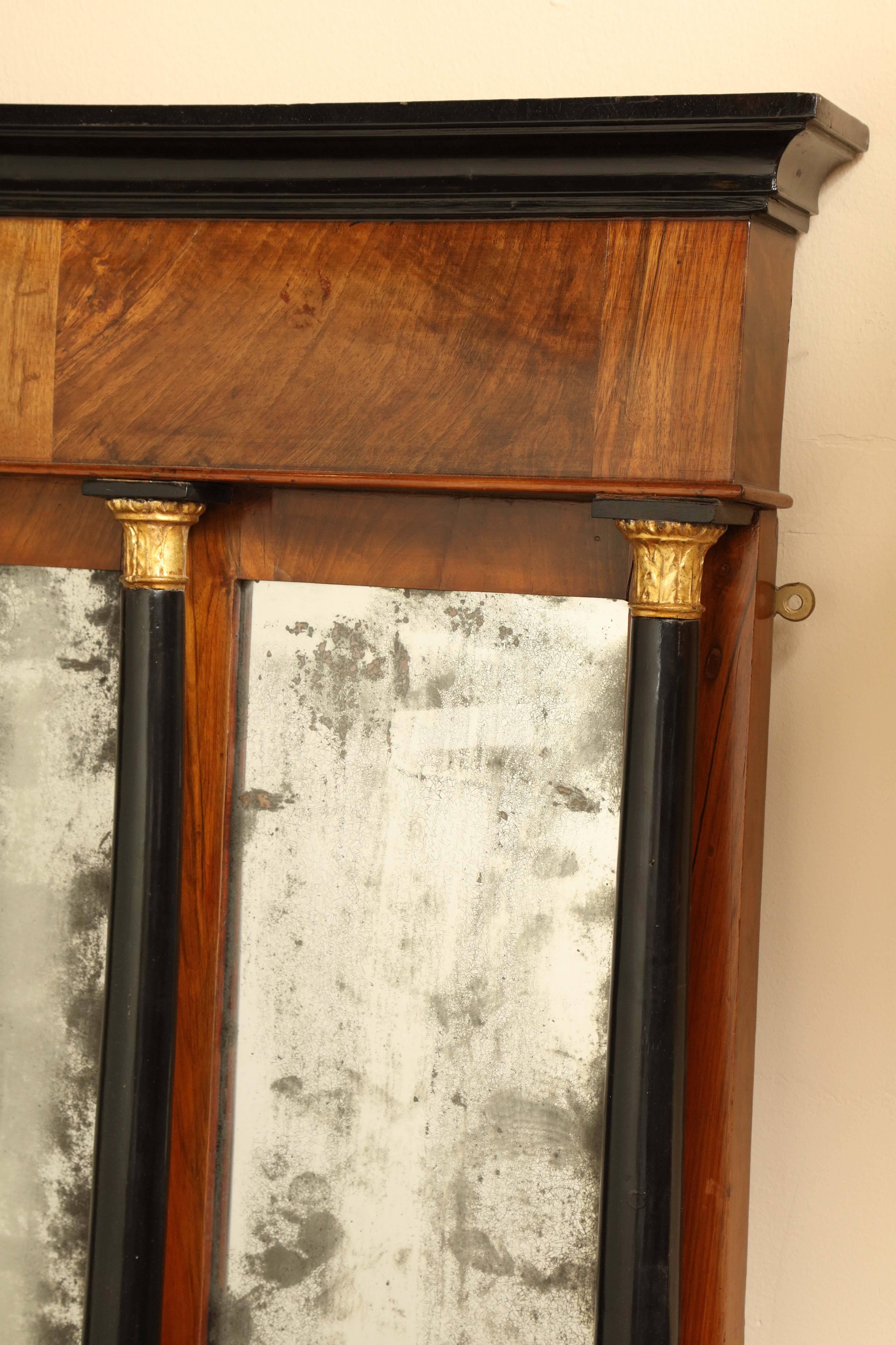 Biedermeier Early 19th Century Continental, Walnut and Ebonized Three-Panel Mirror For Sale