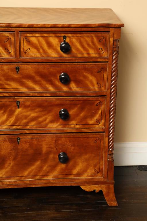 Pair of 19th century English Regency satin birch five drawer chests.