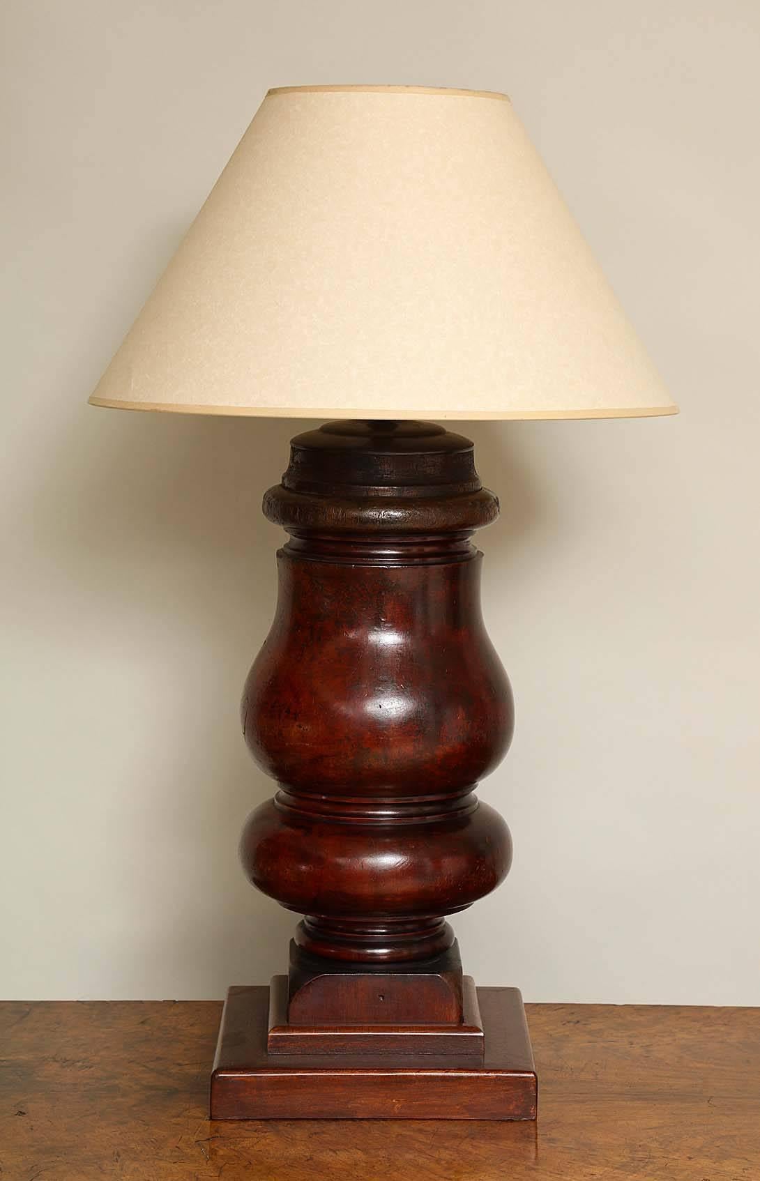 Great pair of William IV mahogany turned billiard table legs, now as lamps, turned from single blocks of richly colored timber and having great patina, on new plinths.