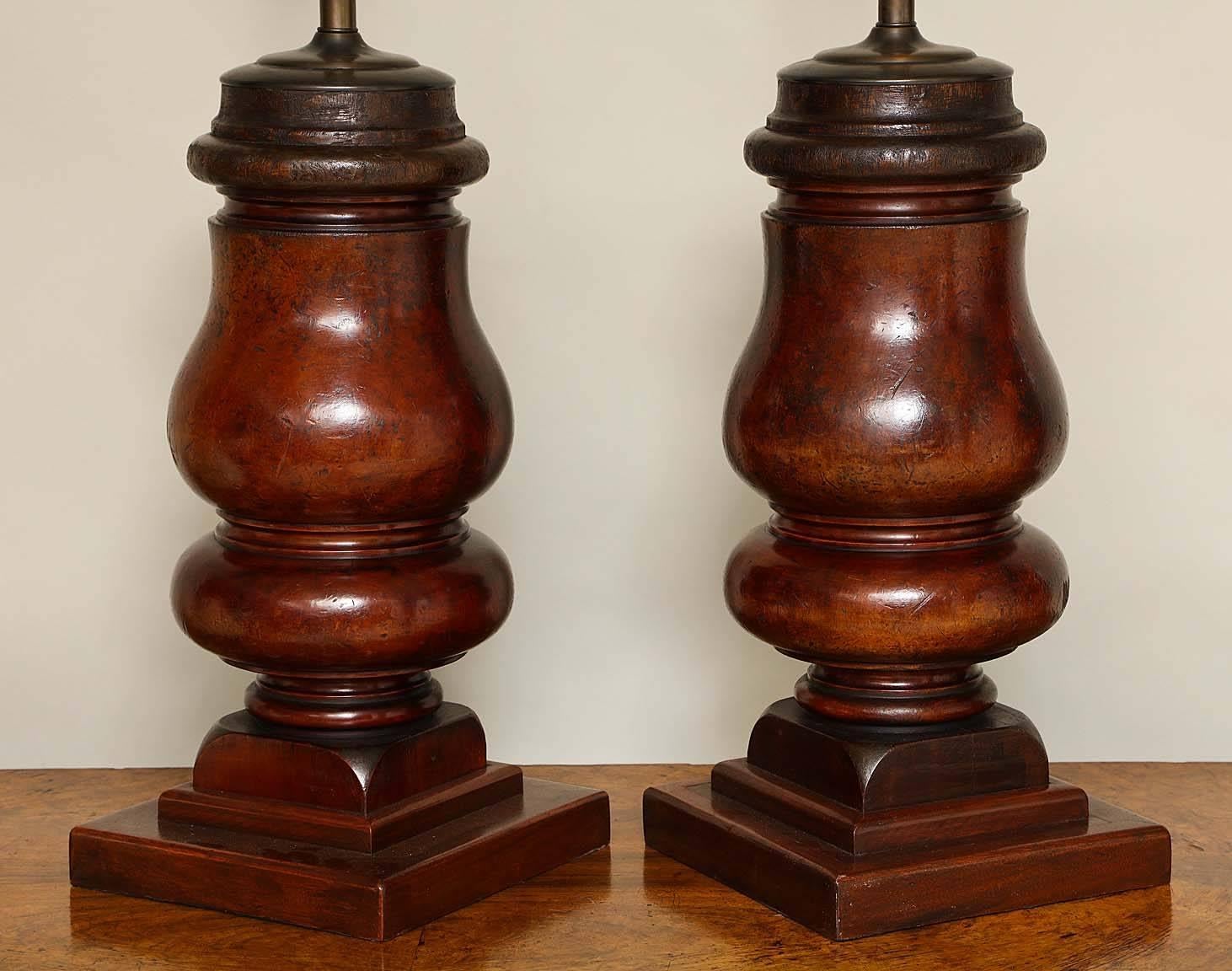 English Pair of Turned Mahogany Billiard Table Legs, as Lamps