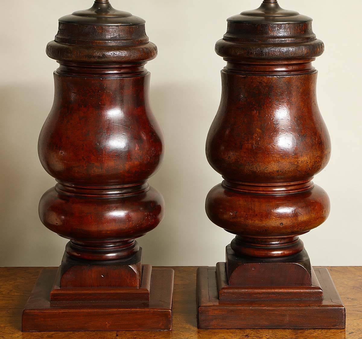 Pair of Turned Mahogany Billiard Table Legs, as Lamps In Good Condition In Greenwich, CT