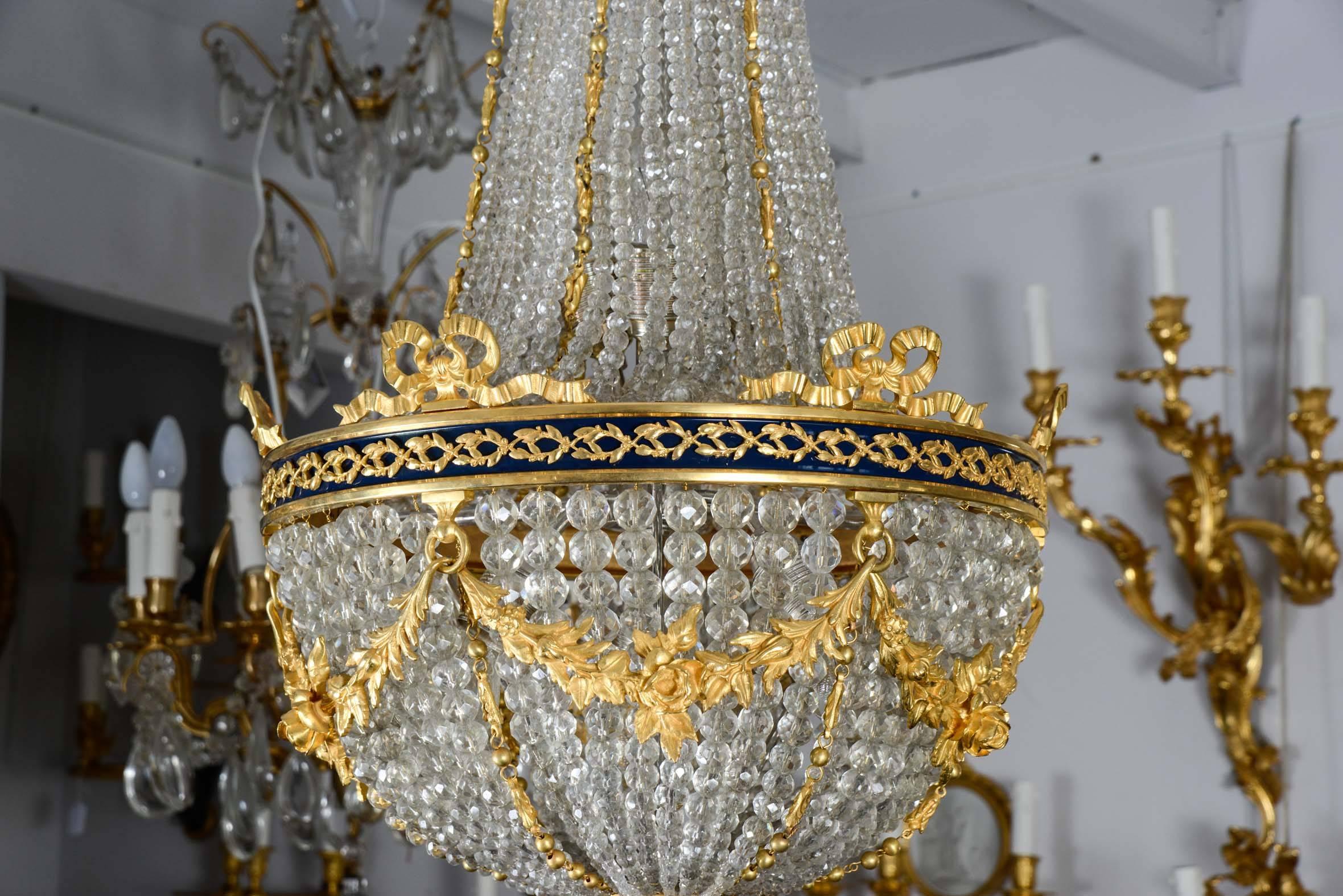 Gilt Louis XVI Style Crystal and Bronze Chandelier For Sale