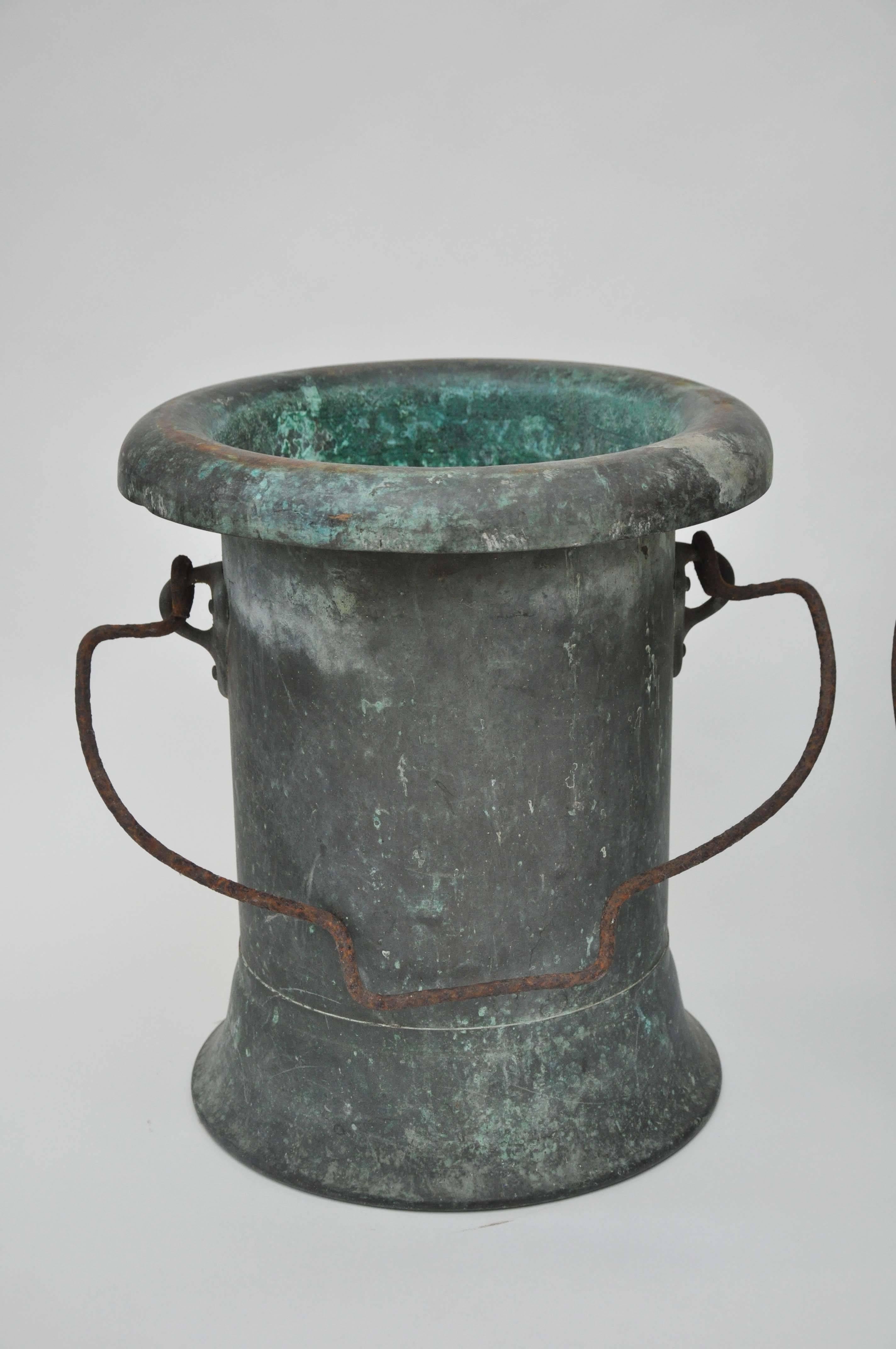 19th century Pair of verdigris vessels. Found in France. Copper construction with iron handles. Fabulous weathered verdigris finish. Handles measure 15