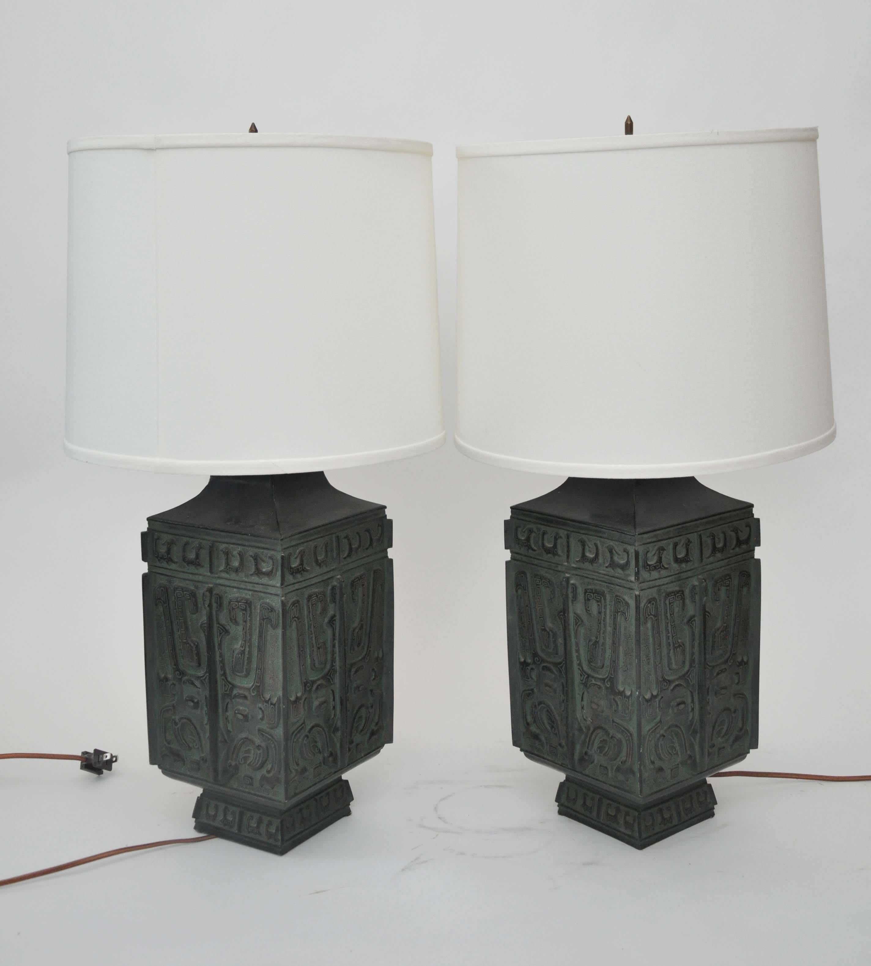 Mid-20th Century 20th Century Pair of Bronze Lamps in the Style of James Mont