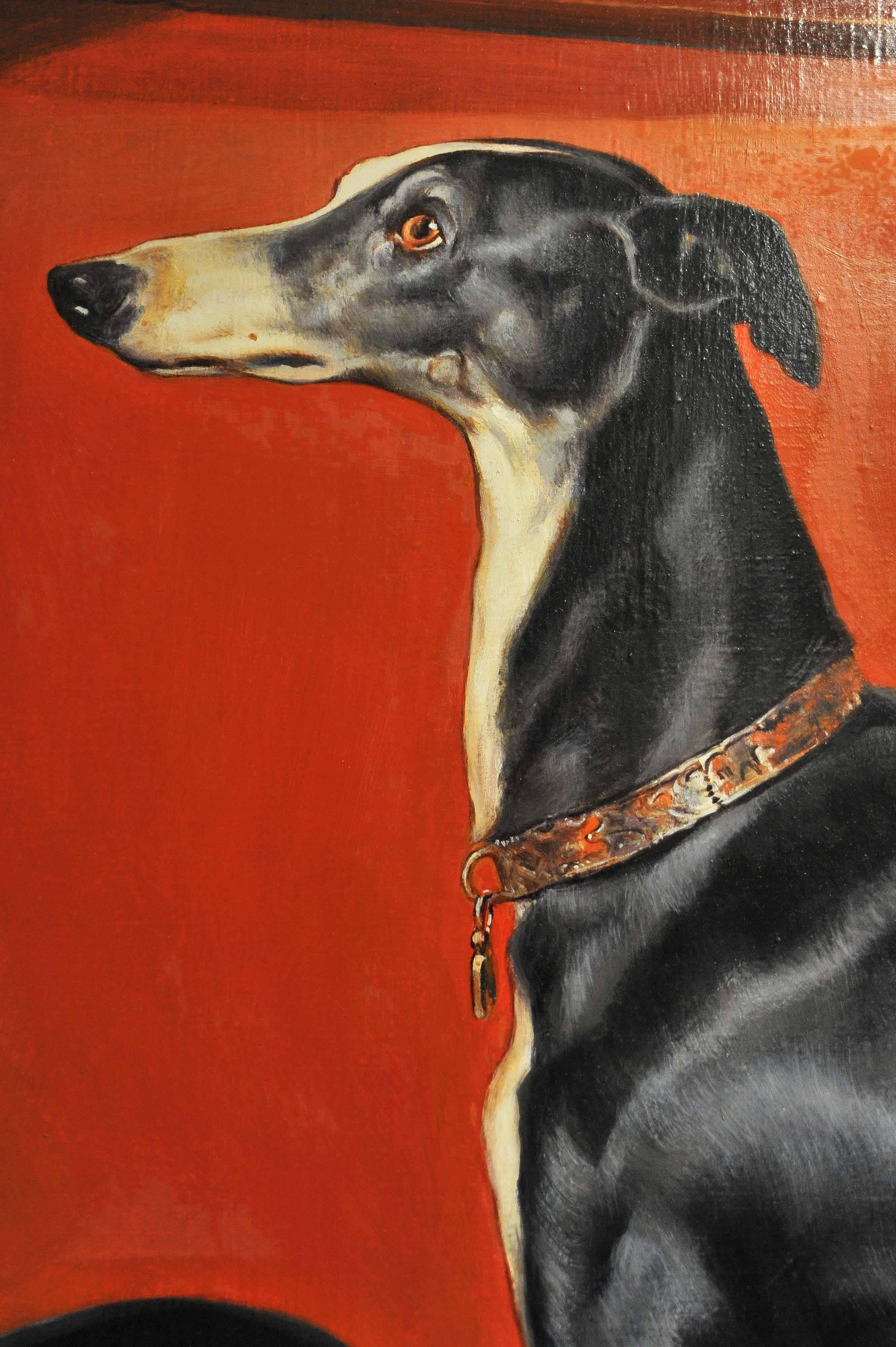 This lovely reproduction of Eos is after the original painting by Sir Edward Landseer, and is unsigned. The painting is very well executed and the artist has captured the greyhound’s expression beautifully. It measures 55 in, 140 cm wide by 43 .¼