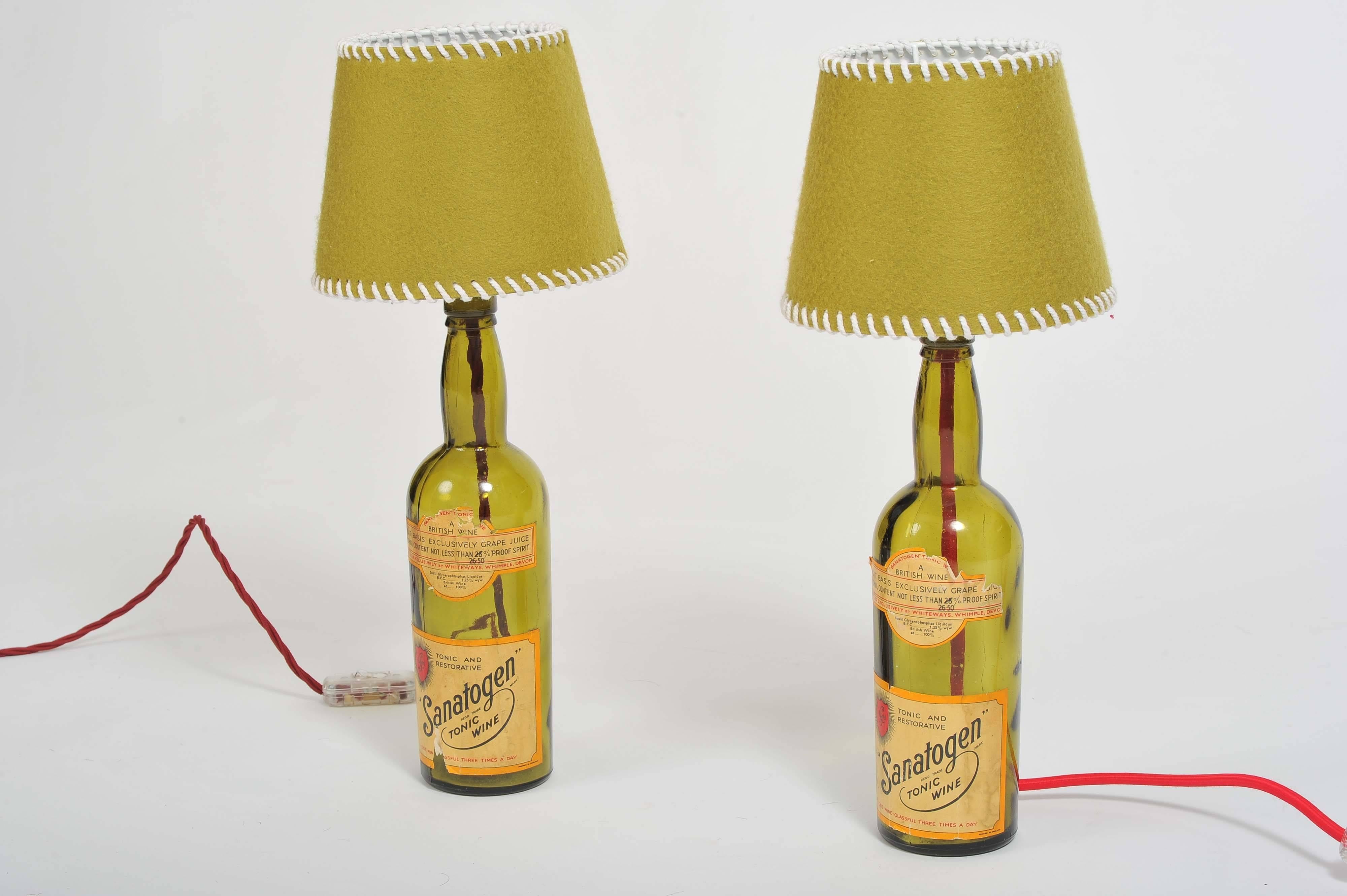English Pair of 1940s Sanatogen Vintage Handmade Rustic Style Glass Bottles Table Lamps 