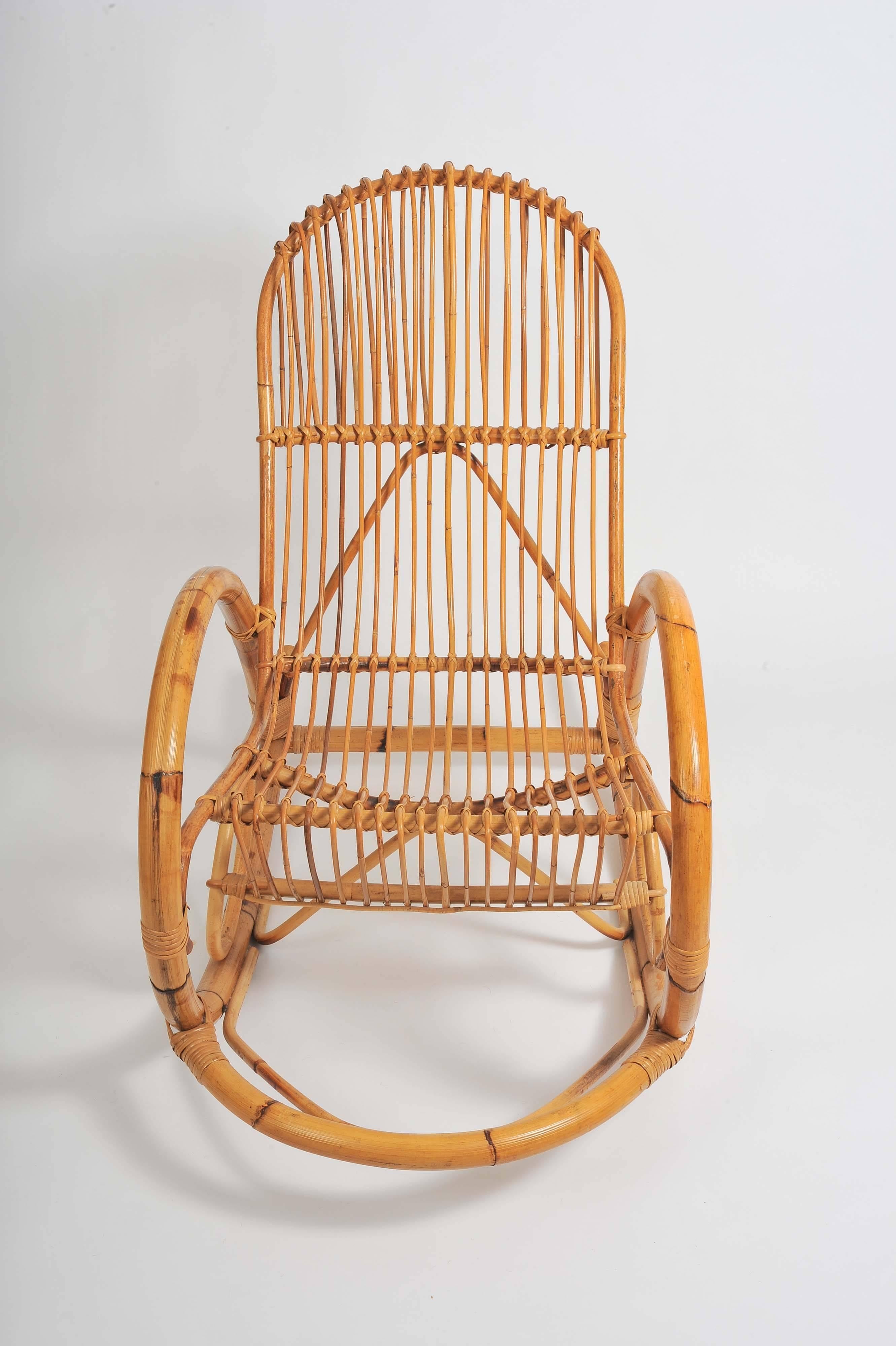 A fine example of a 1950s bamboo rocking chair attributed to Italian designer Franco Albini,
circa 1950s.
Designed with comfort in mind, this rocking chair would be beautiful in any patio, nursery or conservatory.
The Franco Albini chair has got