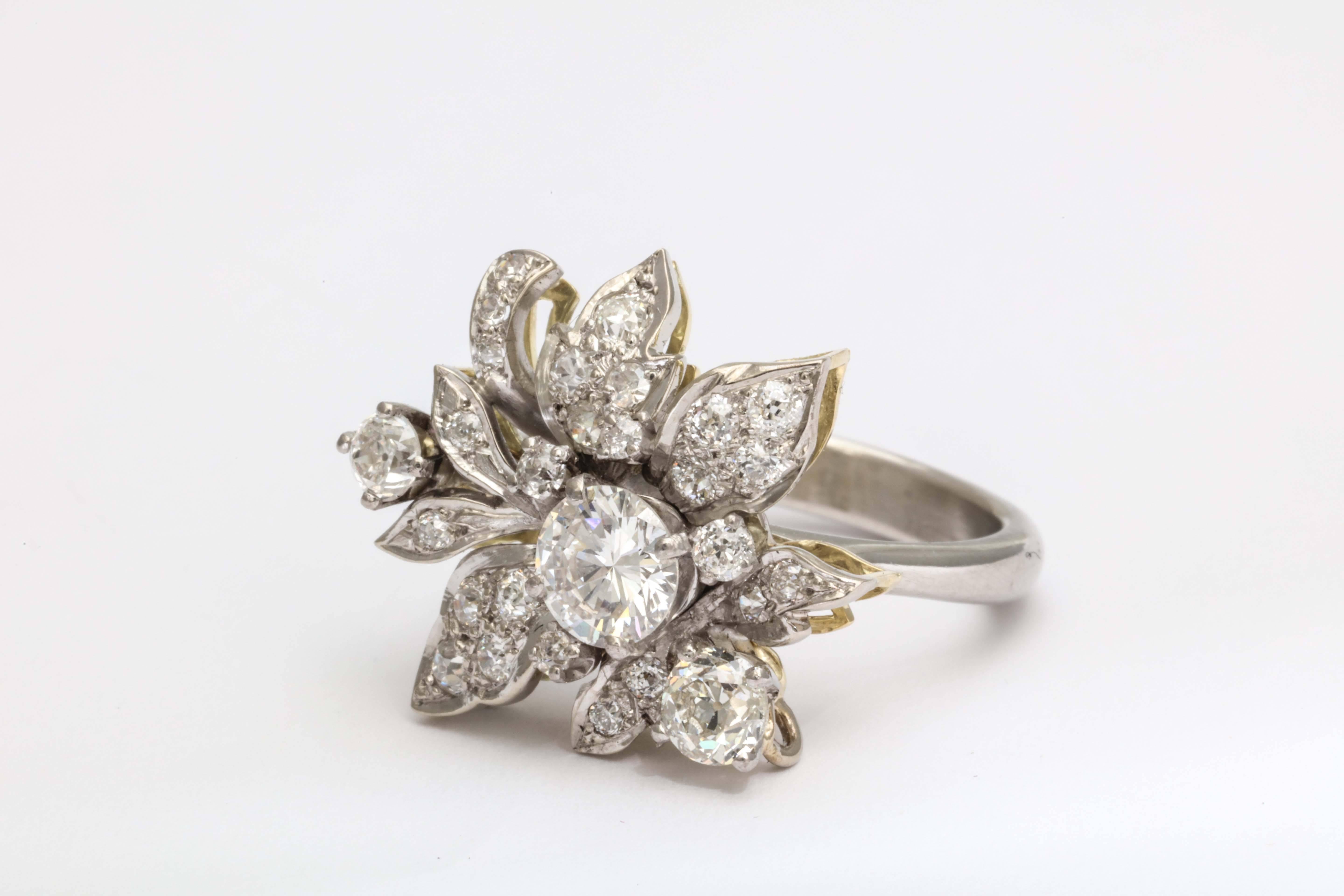 American Diamond and Platinum Flower Ring For Sale