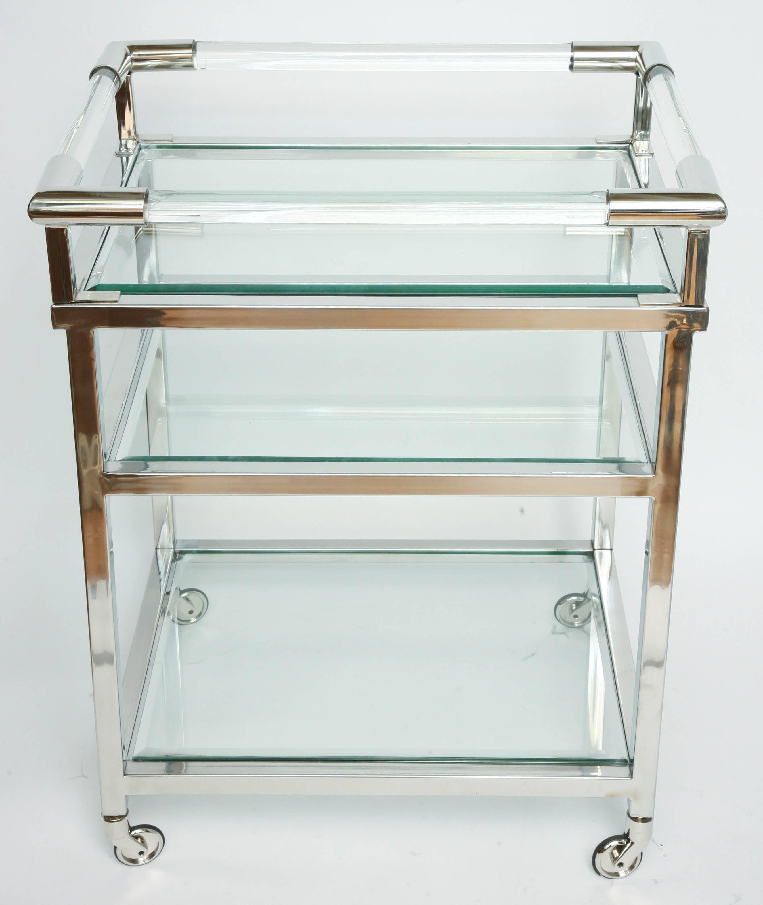 Modern Lucite and Chrome Bar Cart in the Style of Charles Hollis Jones In Good Condition In West Palm Beach, FL