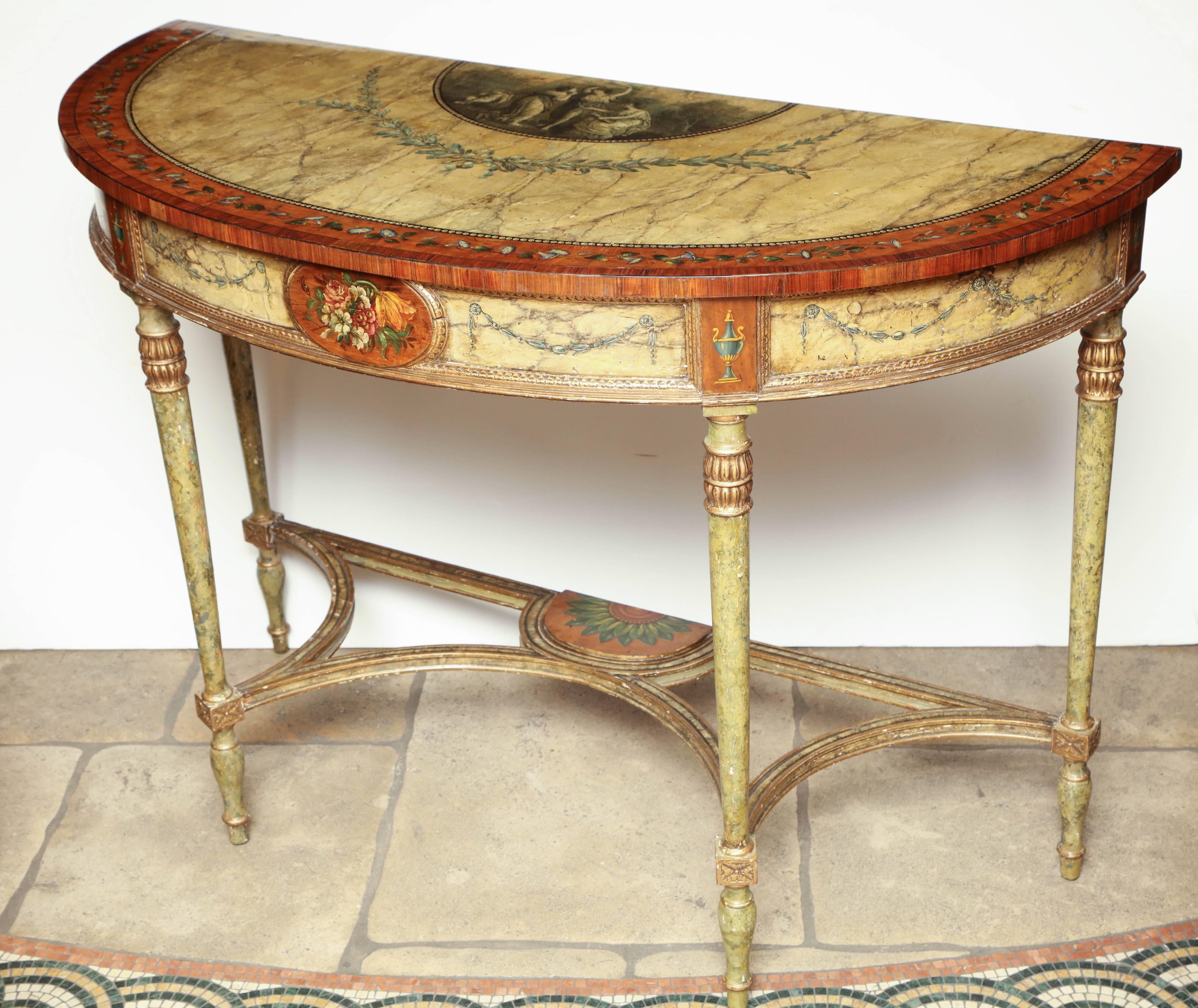 A fine George III painted demilune console with faux marble decoration and stenciled scenes.