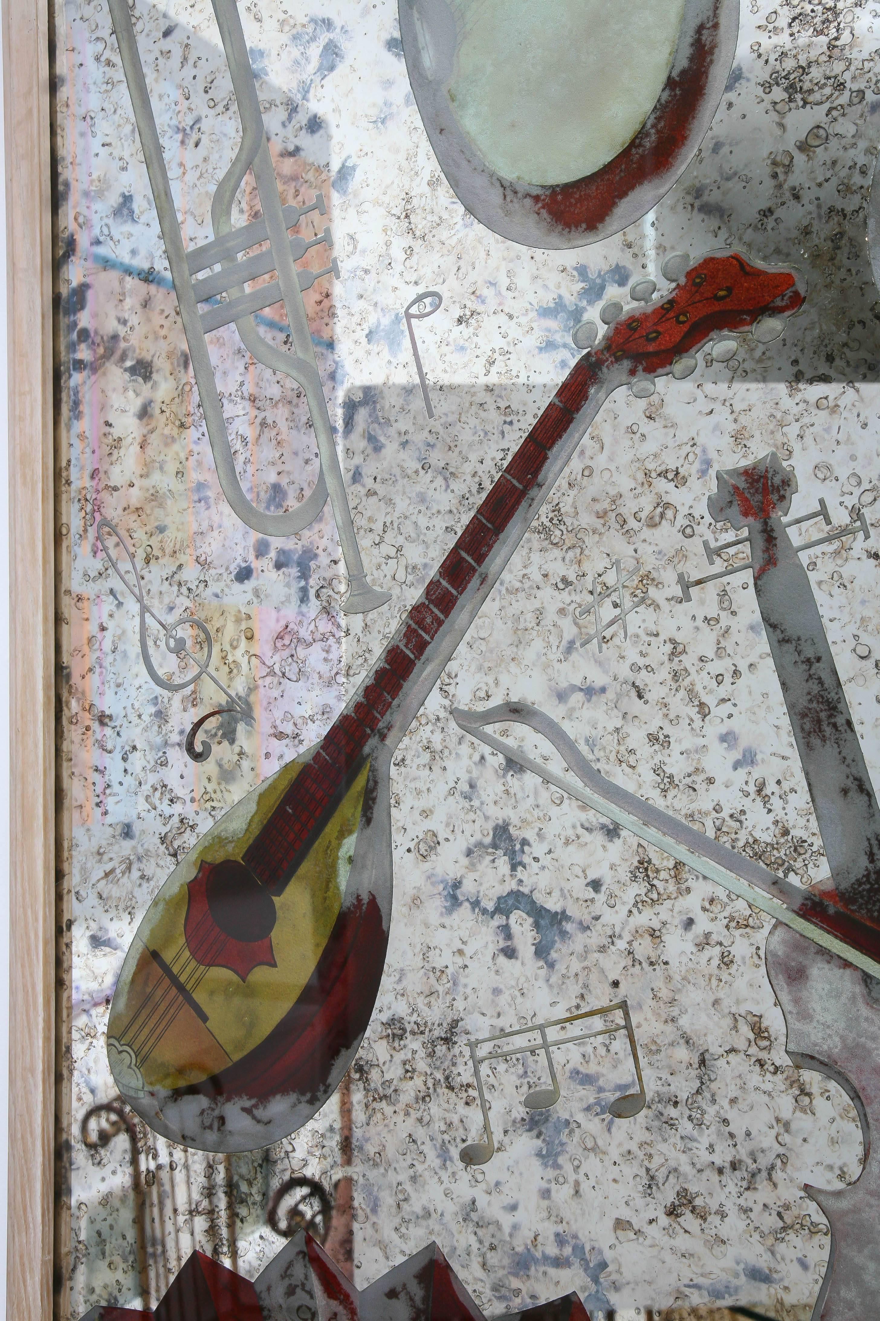 Mid-20th Century French Reverse Painted Mirrored Panel with Musical Instruments For Sale