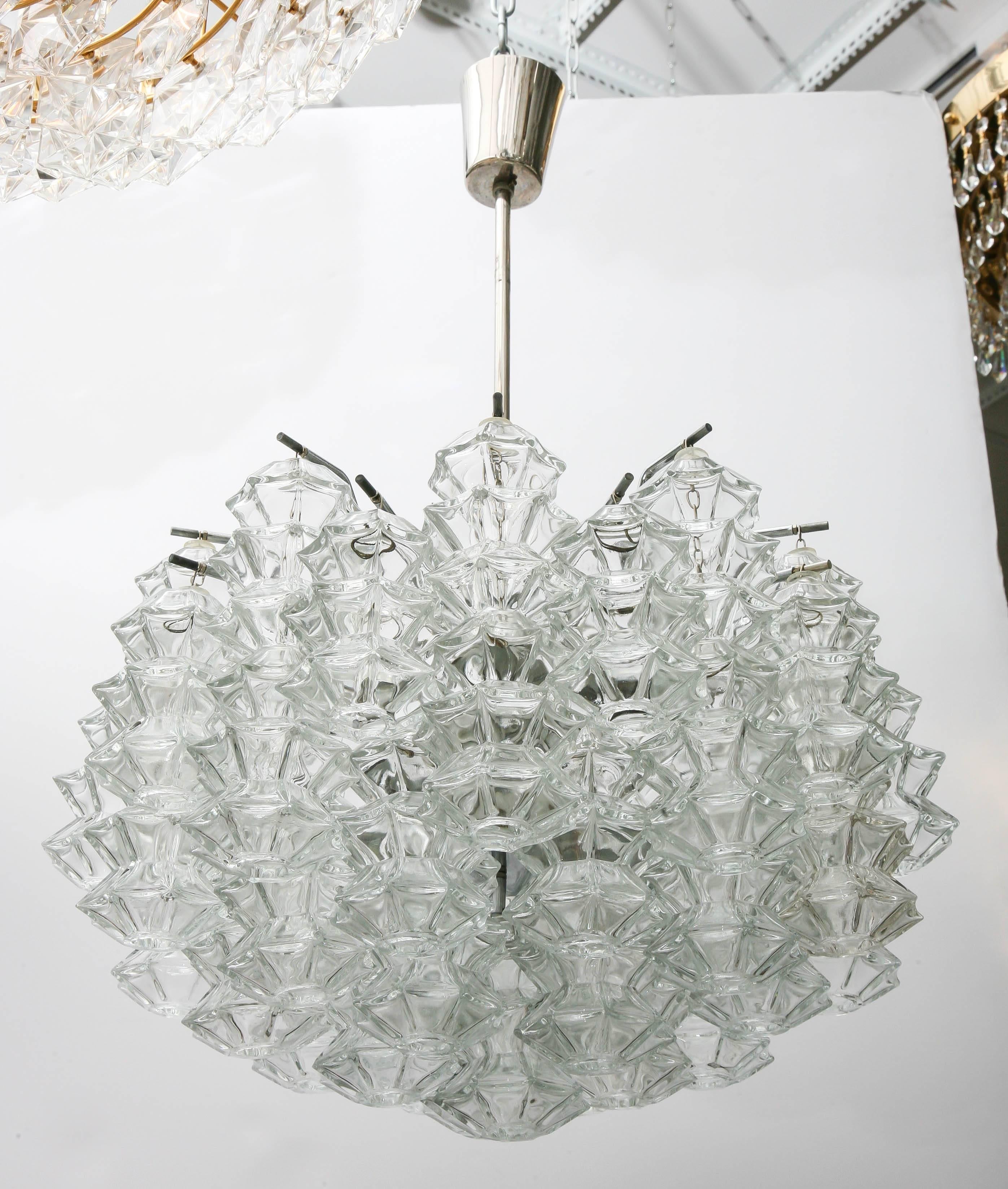 Vintage Kalmar glass chandelier with ten light sockets. The armature is chrome with original canopy.