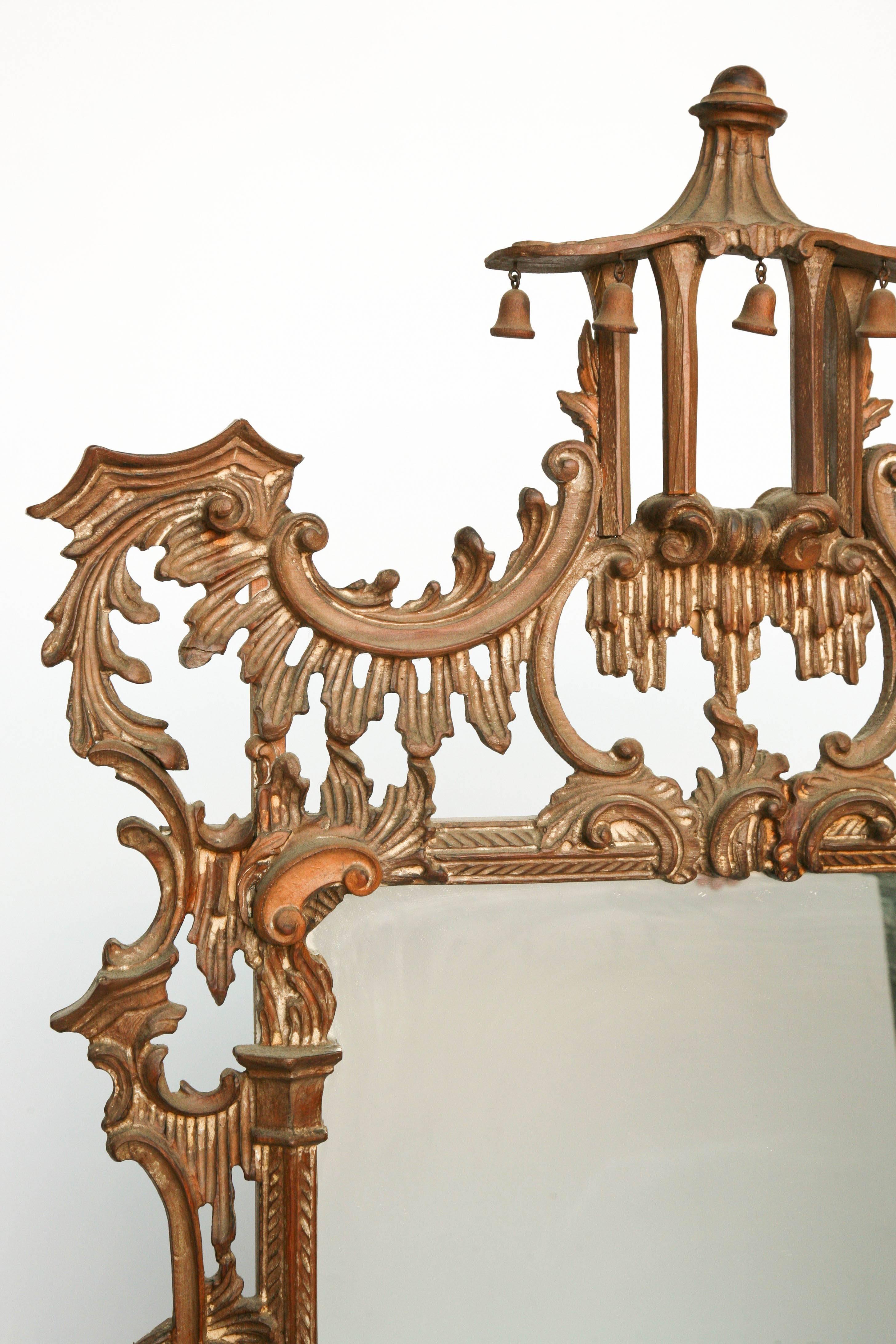 Hand-Carved Elegant Chinoiserie Mirror with Pagoda Crown