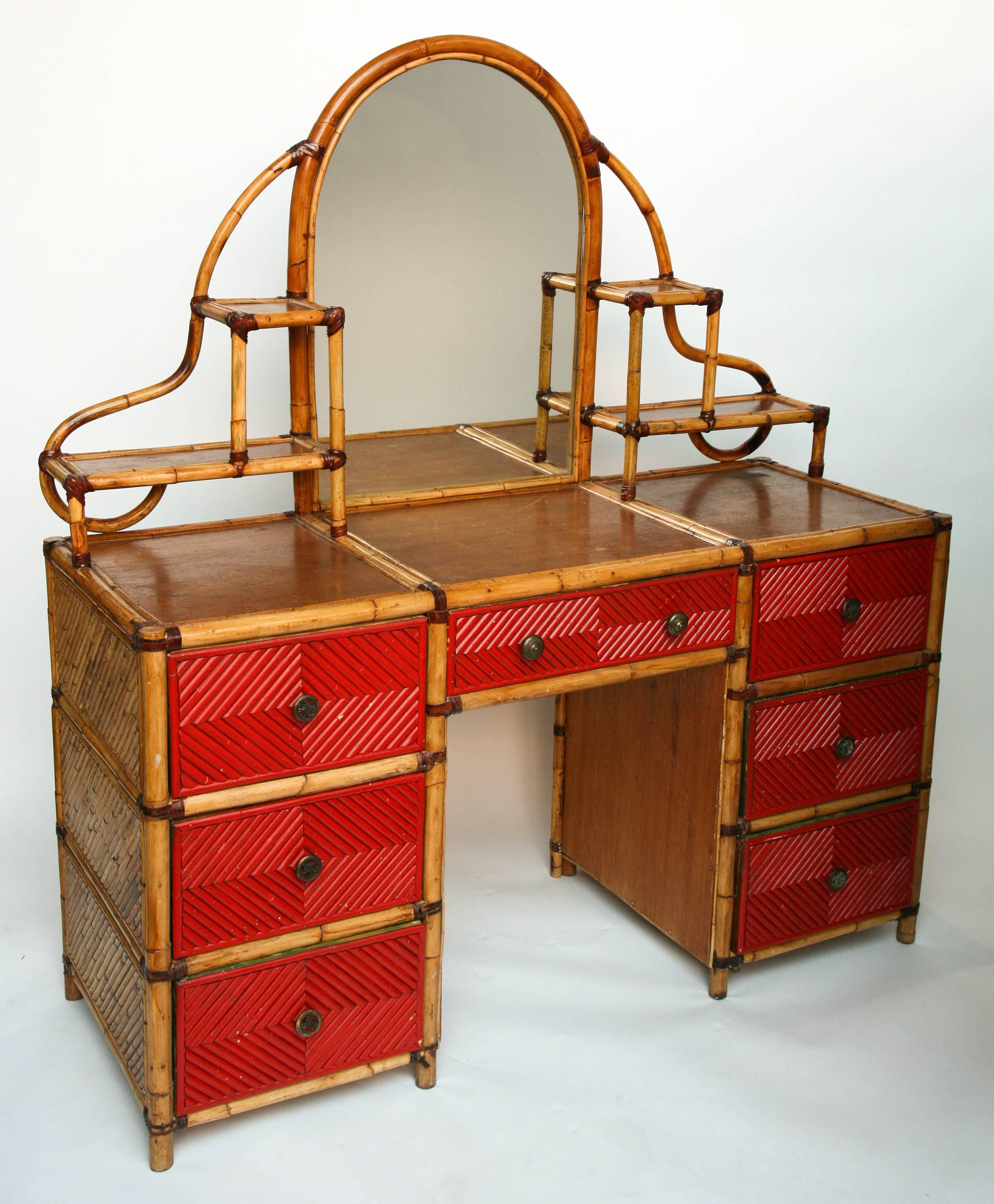 Exceptional and generously scaled rattan vanity reminiscent of old Manila or the South Seas.
 
 
 