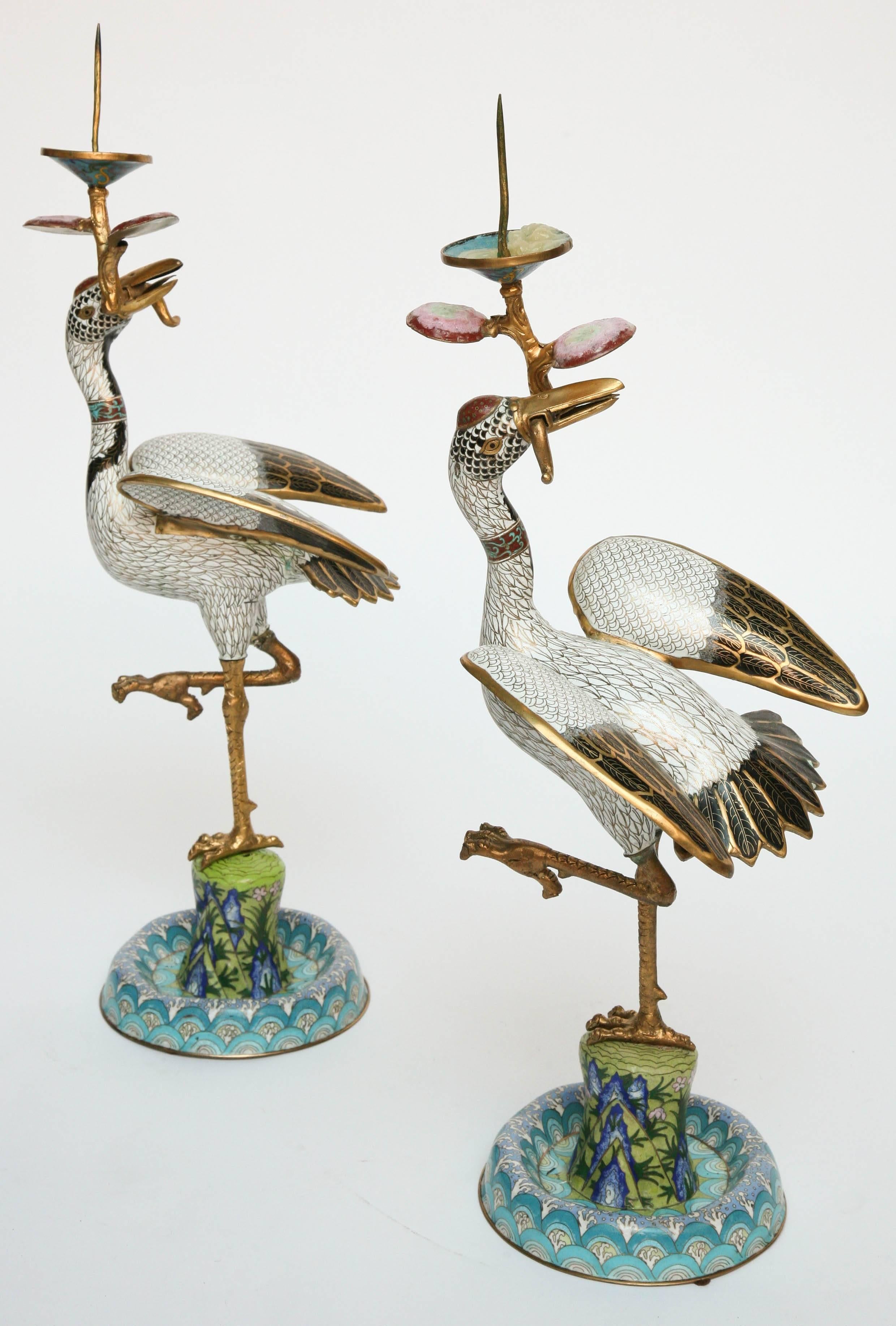 Chinese Superb Pair of Crane Form Cloisonné Prickets
