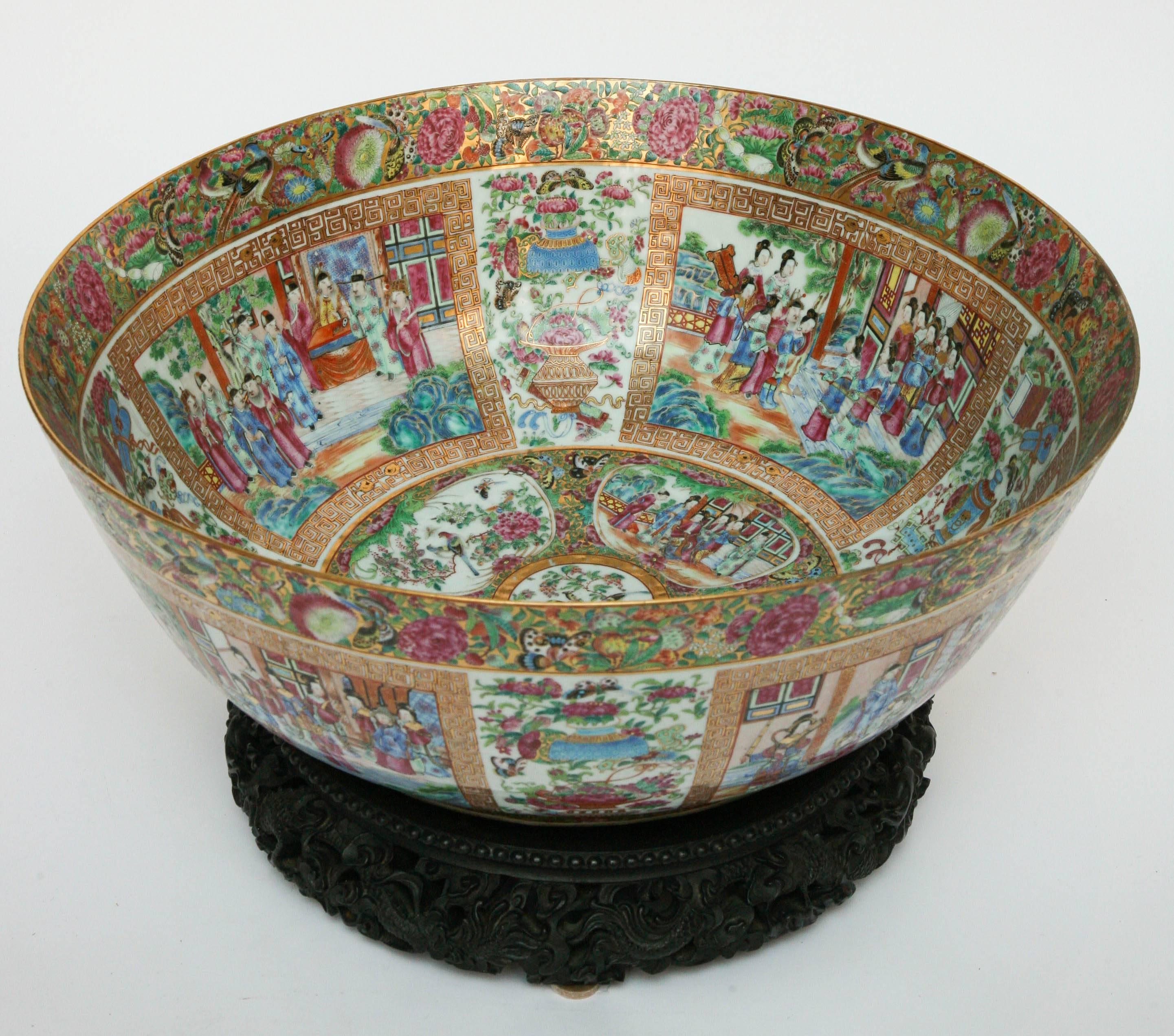 Carved Important, Enormous, and Elaborate 19th Century Rose Mandarin Punch Bowl