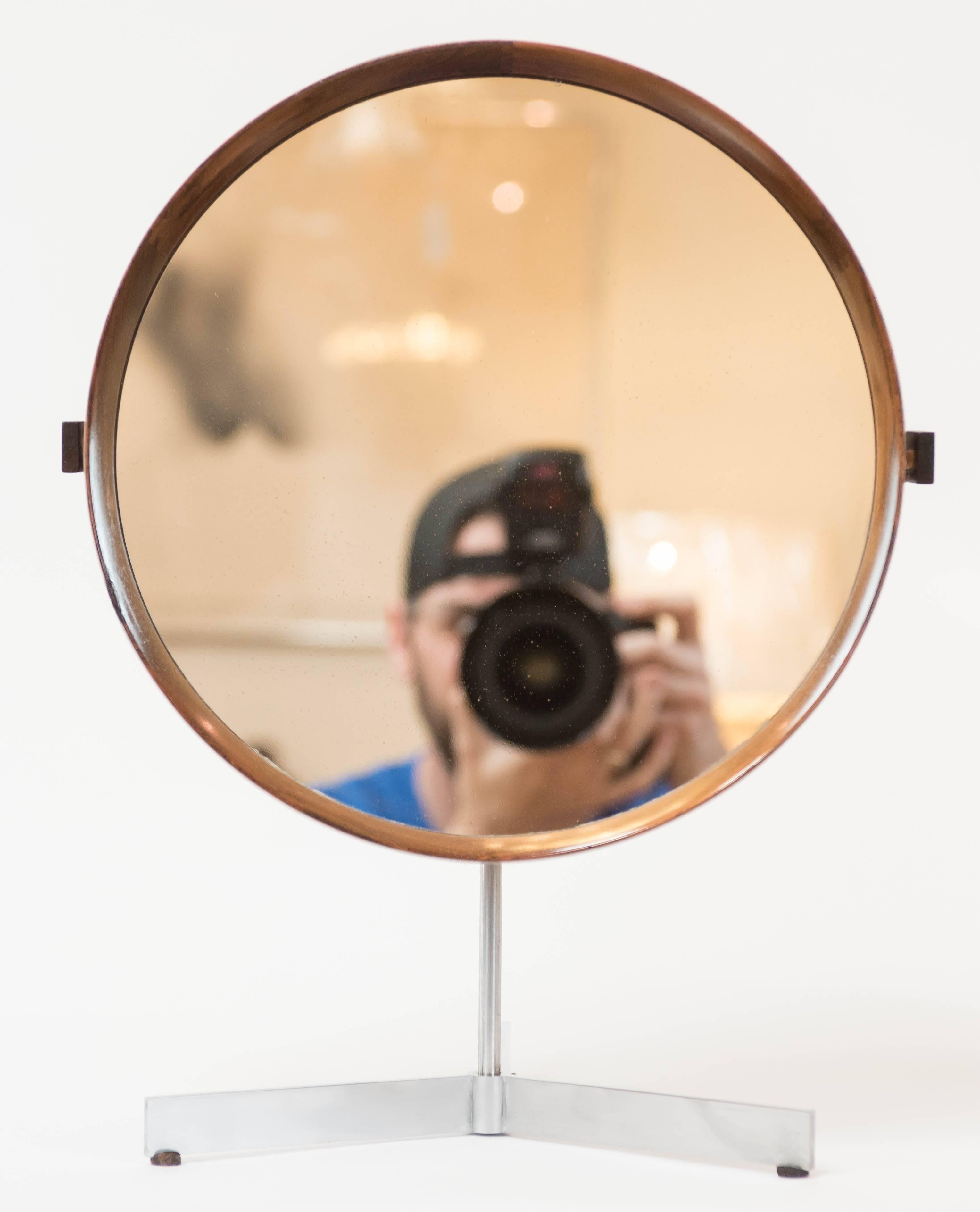 This is an exceptional occasional-vanity tabletop mirror beautifully designed and crafted in rosewood and brushed steel for Lexus of Sweden.
 