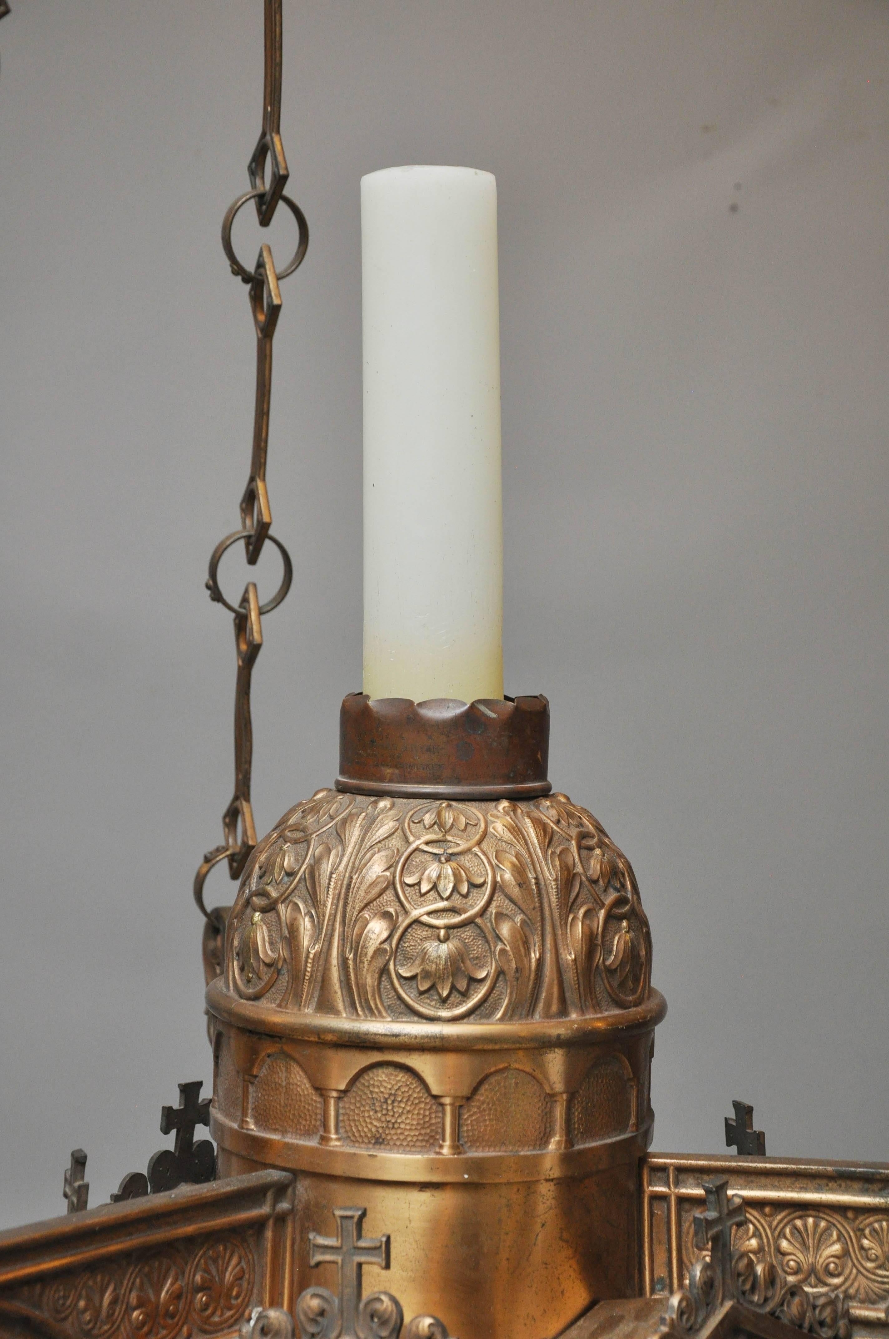 Gothic Large Antique Cathedral Bronze and Brass Candle Chandelier, New York, 1920 For Sale