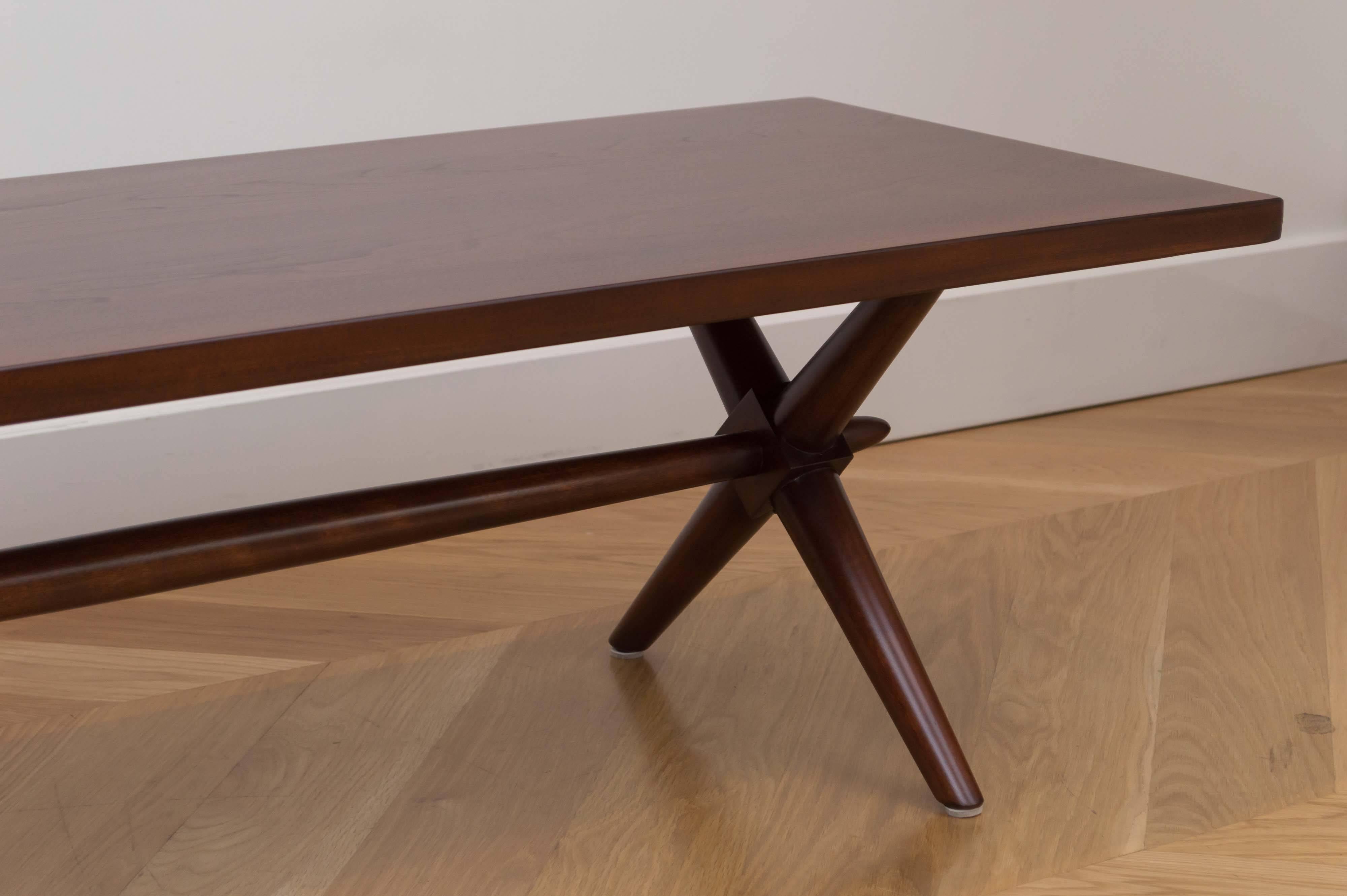 Newly refinished mahogany coffee table with X-base designed by T.H. Robsjohn-Gibbings for Widdicomb.