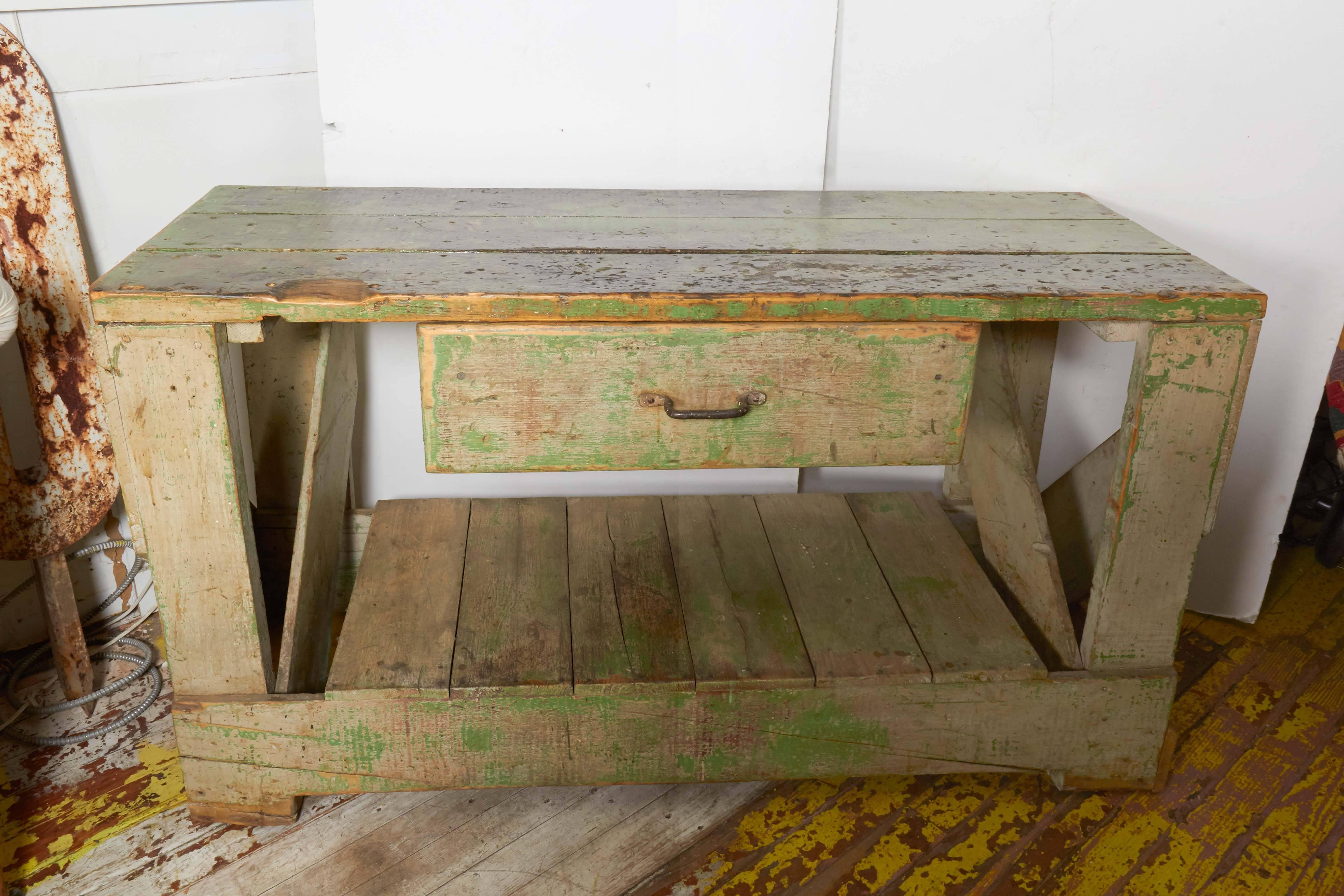 Midwestern work bench from the early 20th century with the original patina.