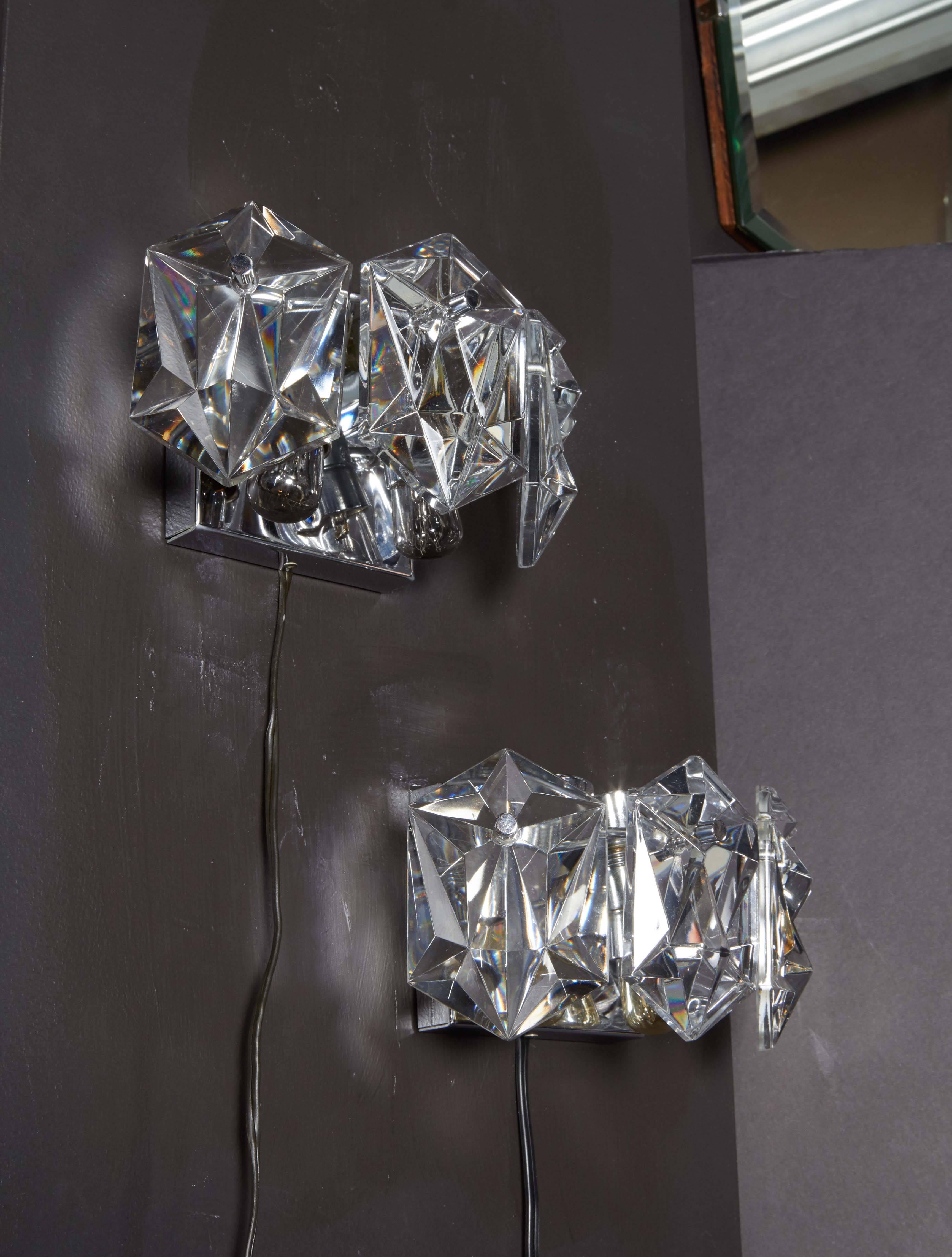 Austrian Pair of Petite Faceted Crystal Sconces Designed by Kinkeldey