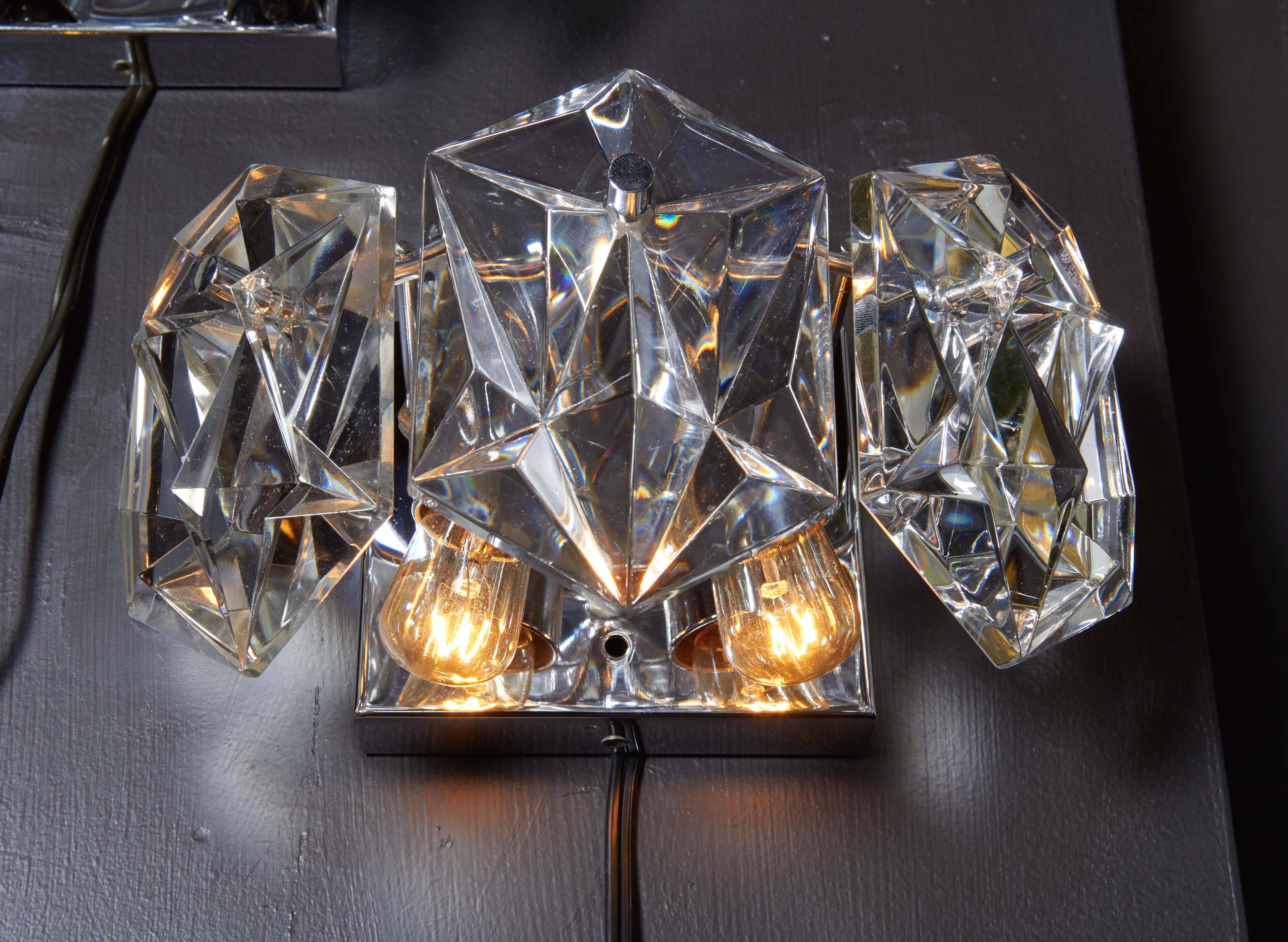 20th Century Pair of Petite Faceted Crystal Sconces Designed by Kinkeldey