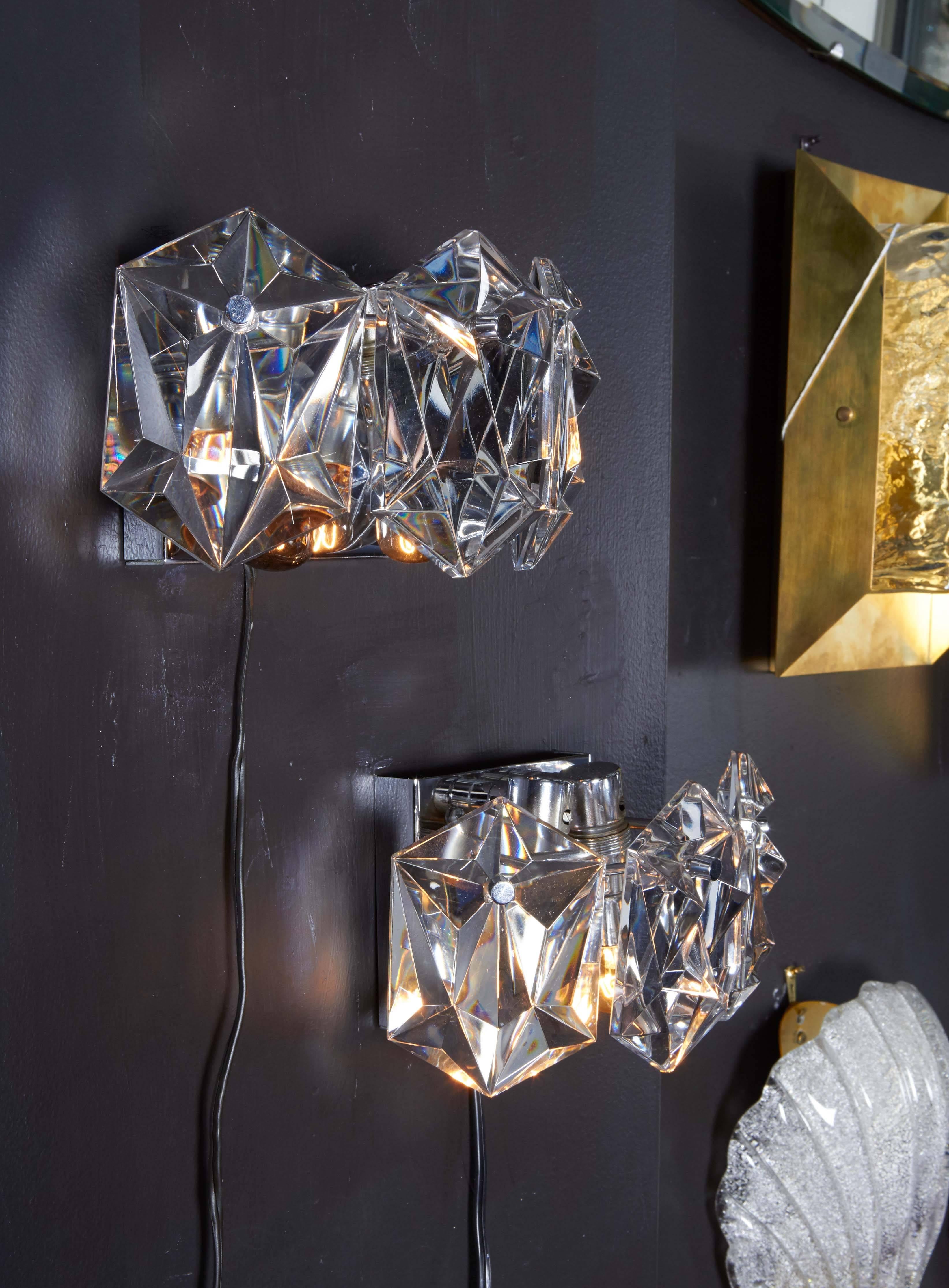 Chrome Pair of Petite Faceted Crystal Sconces Designed by Kinkeldey