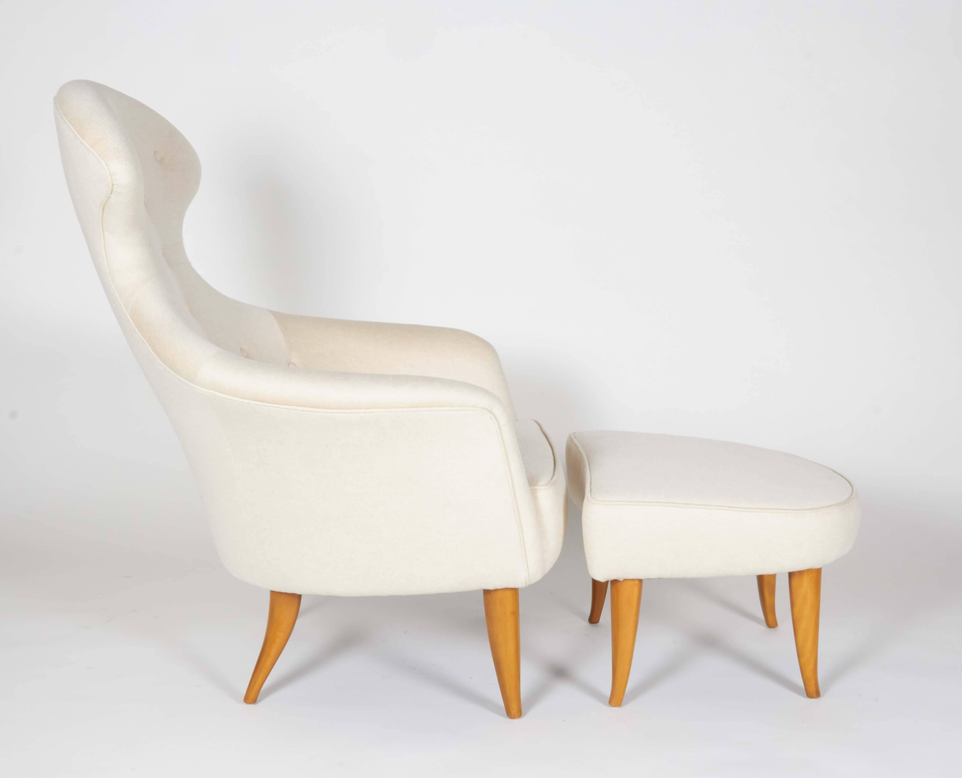 One of a series of chairs Kerstin Hörlin-Holmquist designed which included the Adam and the fig leaf. A unique and wonderfully comfortable chair. Rare to be found with ottoman.