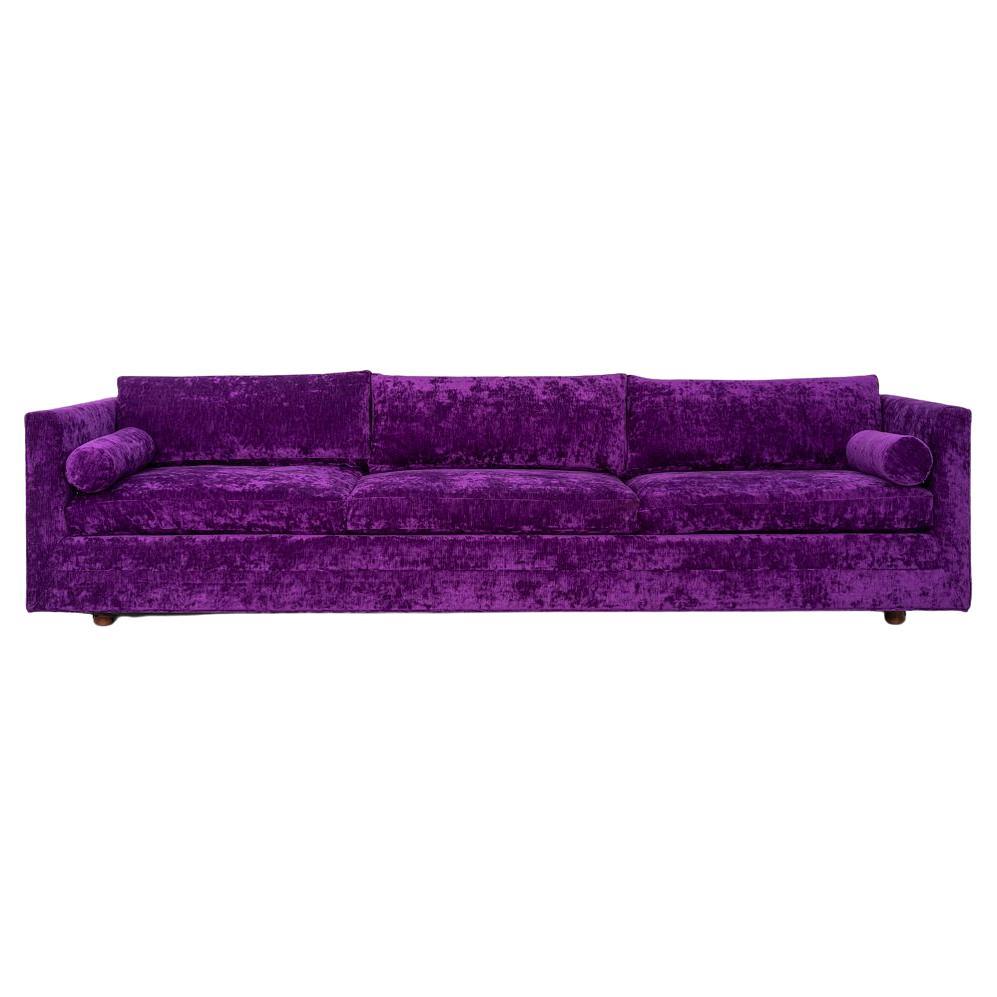 1970s Harvey Probber Attributed Tuxedo Sofa in Purple Velvet, 1x Available