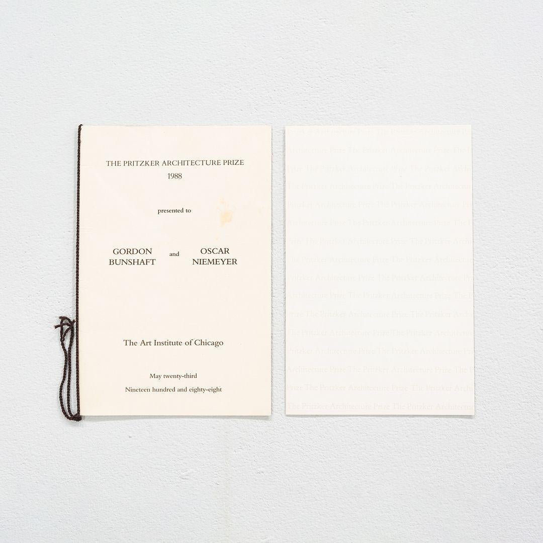 Inconnu 1988 Programme du prix d'architecture Pritzker de Gordon Bunshaft + invitation en vente