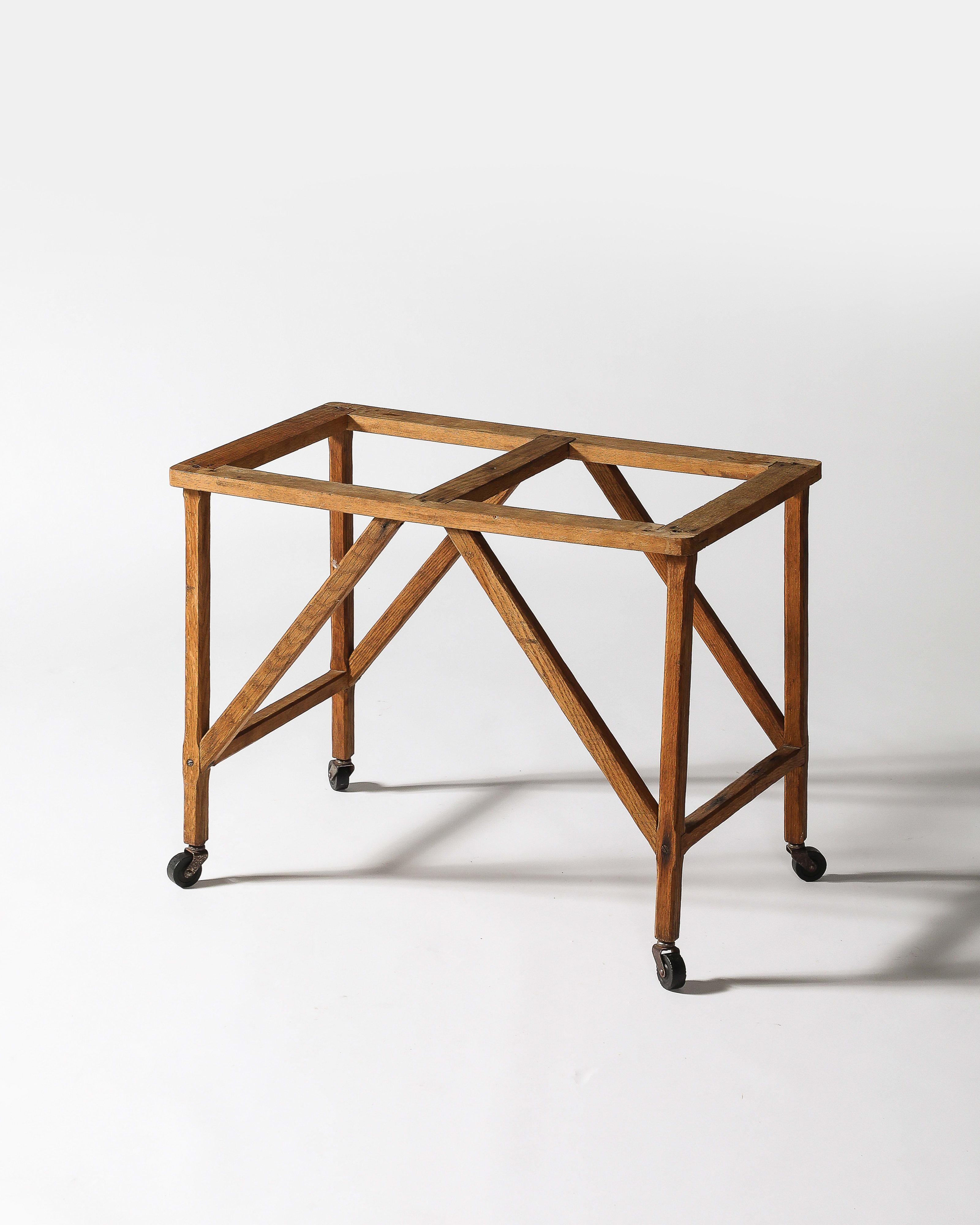 Oak Table Base with Casters, United States, c. 1950 For Sale 1
