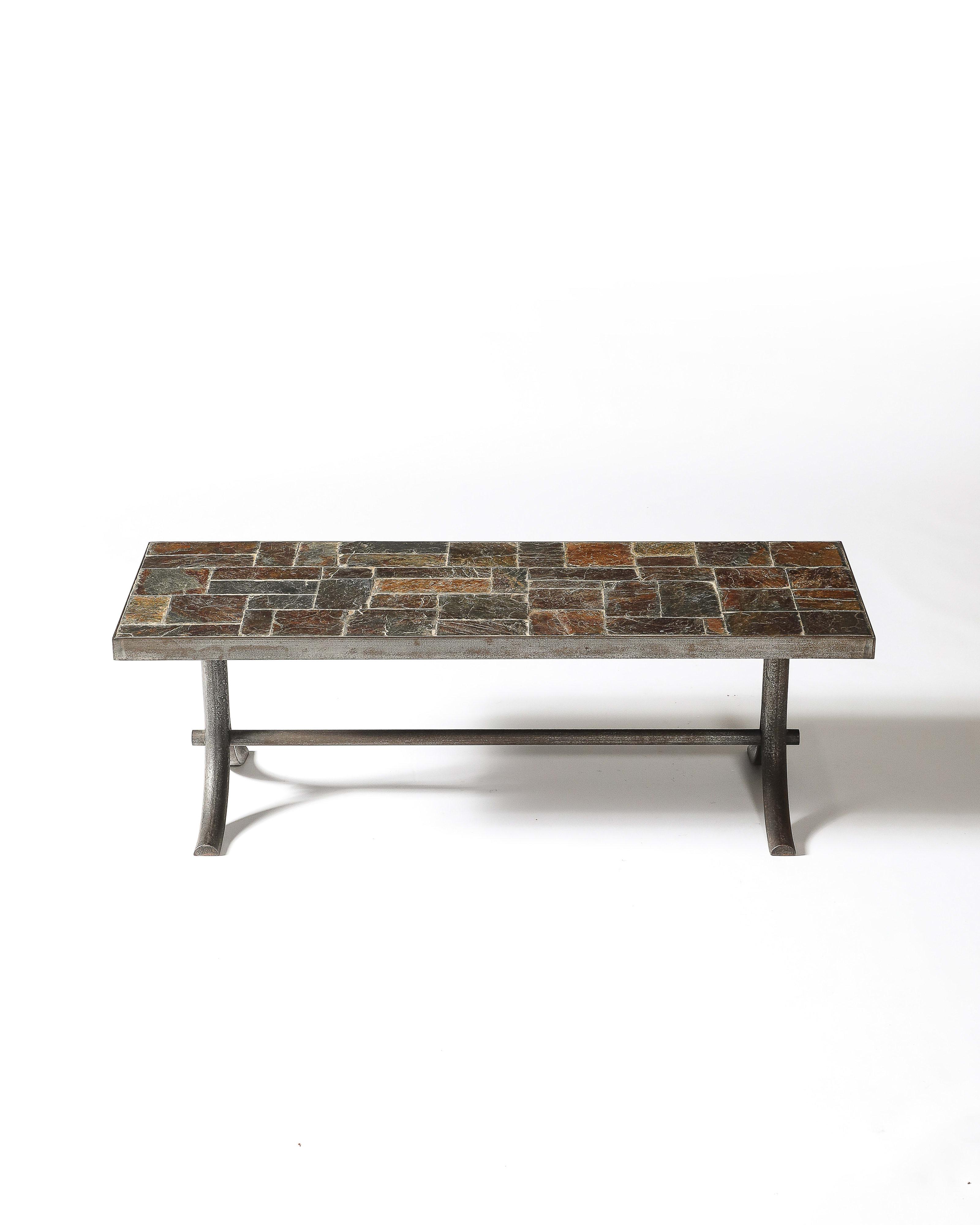 French Coffee Table Metal, Stone France, c. 1950 For Sale