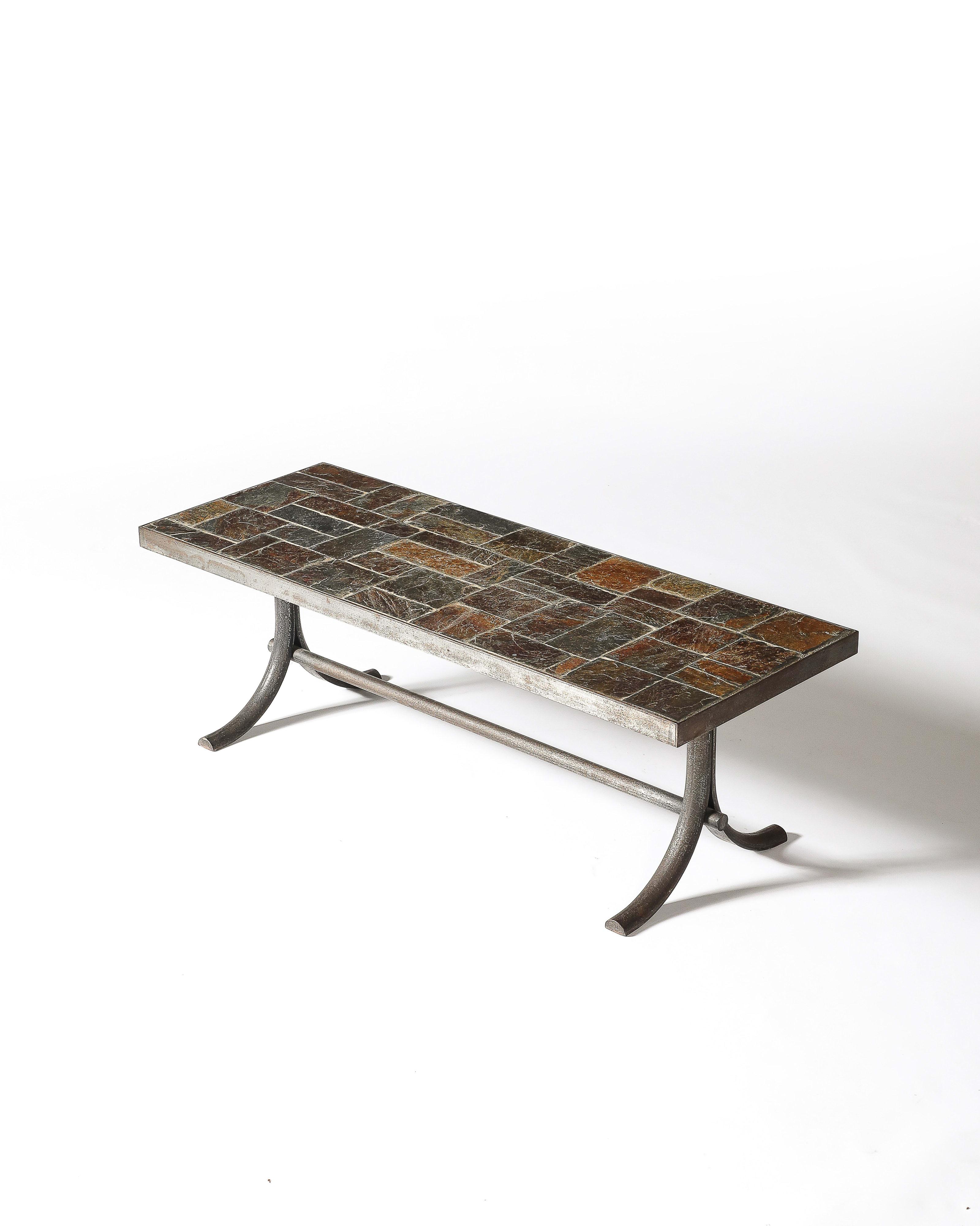 Coffee Table Metal, Stone France, c. 1950 In Excellent Condition For Sale In New York City, NY