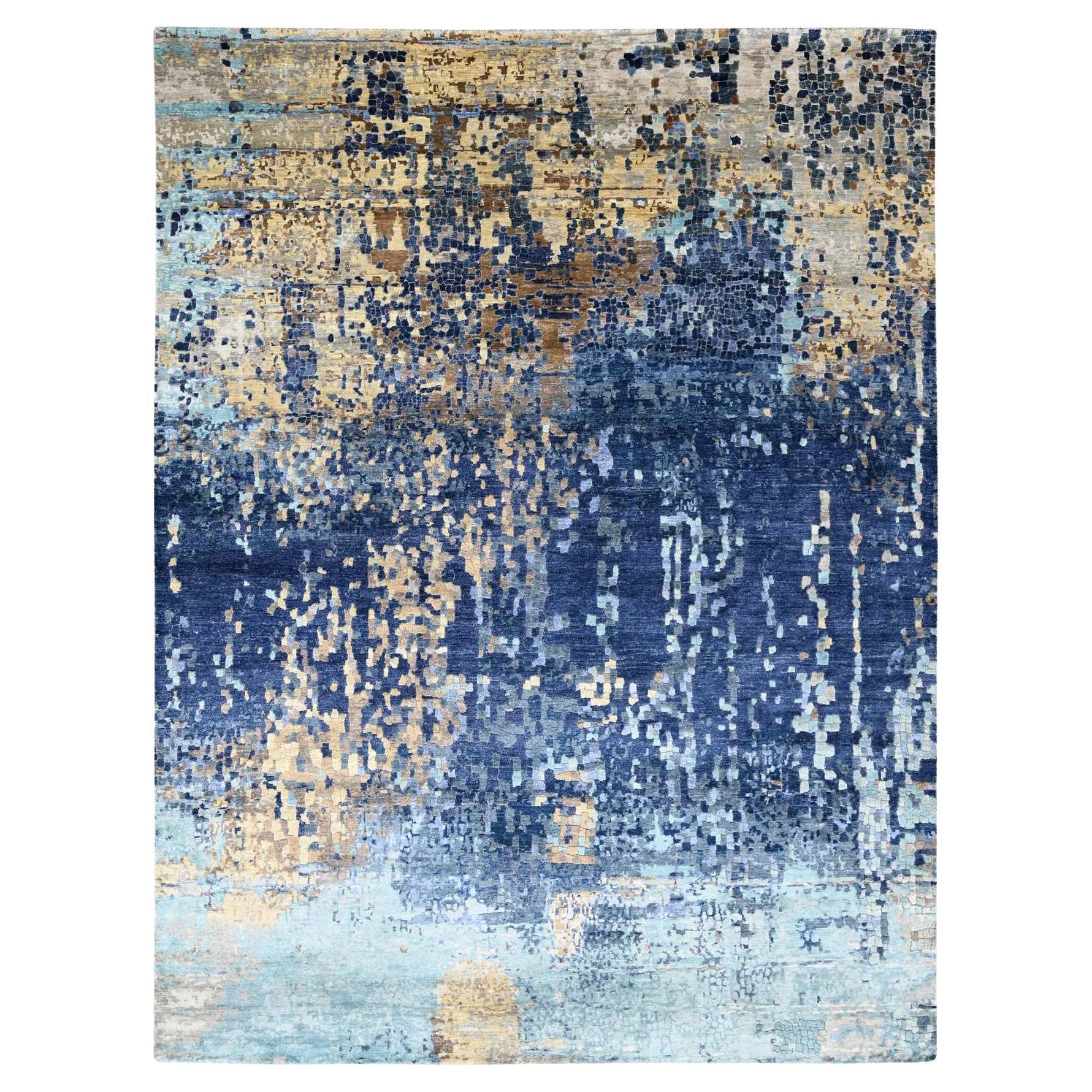 8'9 "x12'1" Shades of Blue Tapis en laine et soie noué à la main, au design moderne de mosaïque
